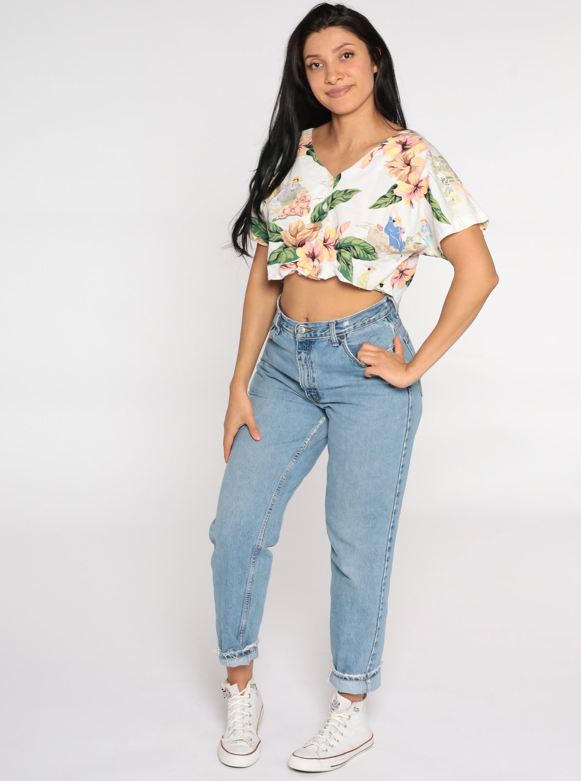80s Polynesian Woman Tropical Crop Top Button-Up Blouse White Medium Large