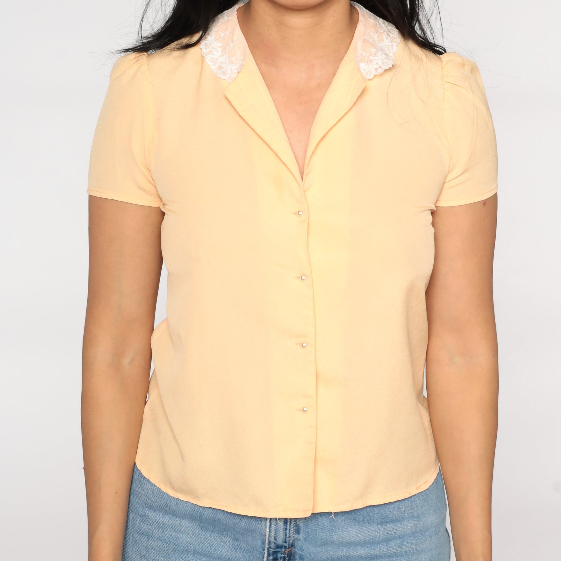 80s Peach Puff Sleeve Blouse Lace Collar Button Up Shirt Small