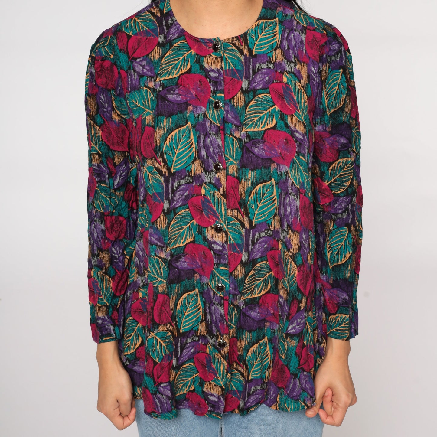 80s Leaf Print Button Up Shirt Purple Pink Rayon Blouse Large