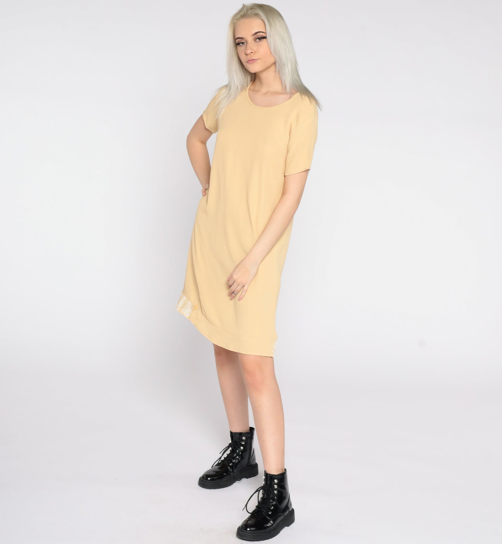 90s Yellow Mini Shift Dress Zig Zag Trim Short Sleeve Small S