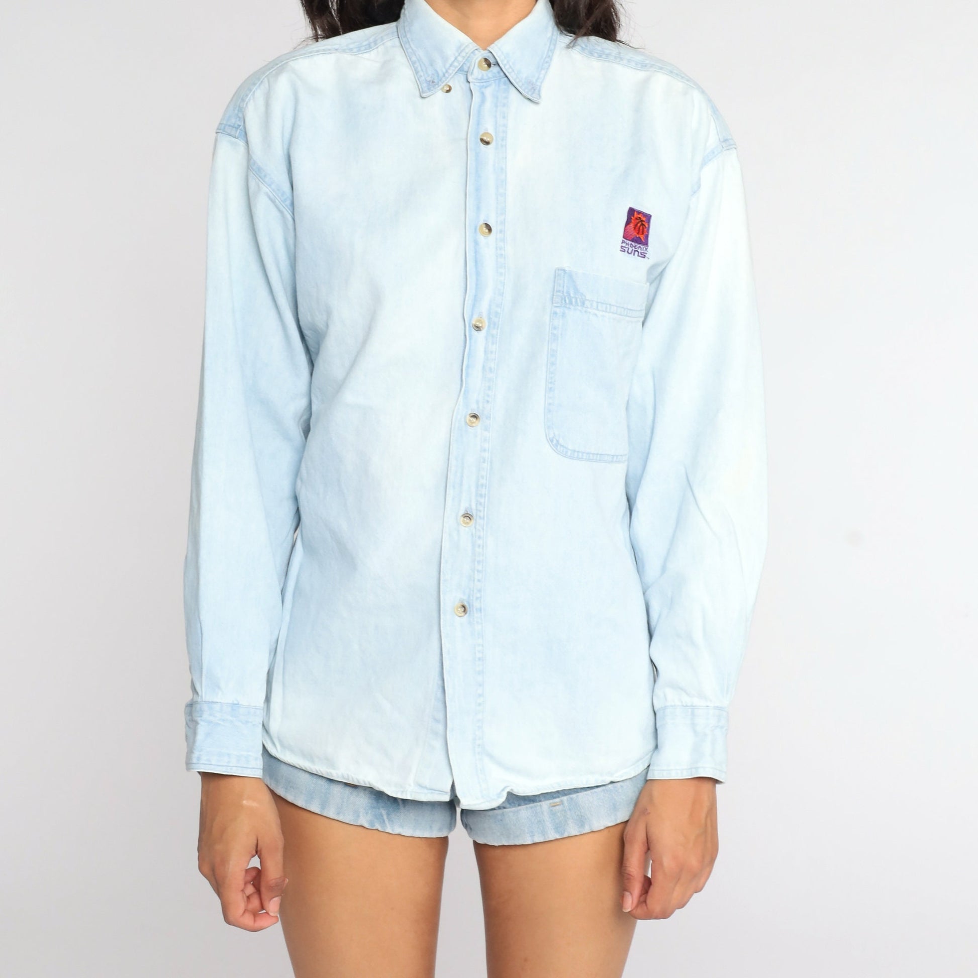 90s Phoenix Suns NBA Denim Button-Up Blouse Blue Small S