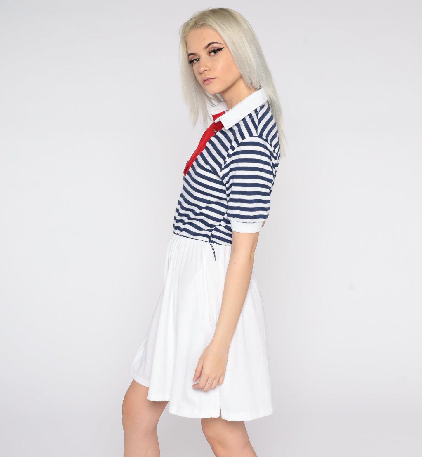 80s Nautical Striped Mini Dress White Blue Sailor High Waist Small S
