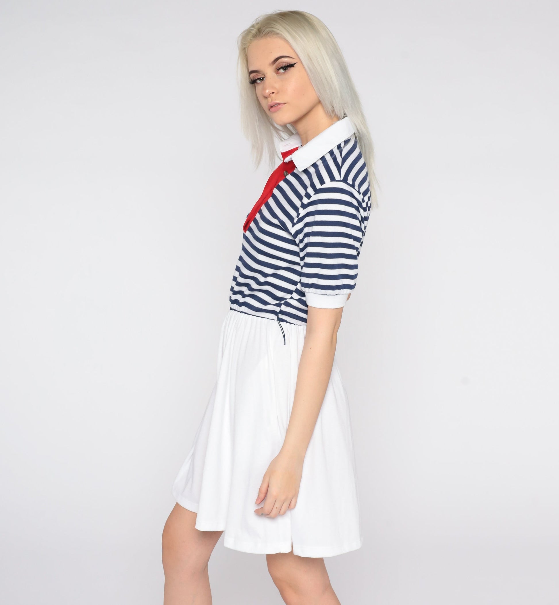80s Nautical Striped Mini Dress White Blue Sailor High Waist Small S