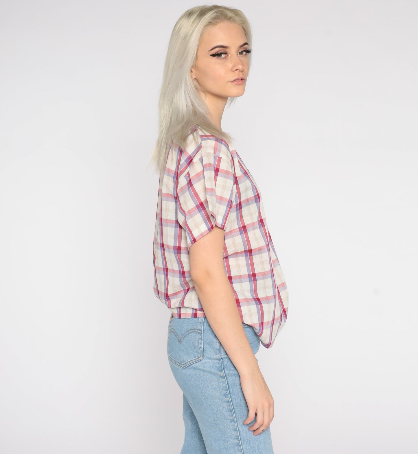 80s Koret Plaid Button-Up Blouse White Pink Cap Sleeve Medium