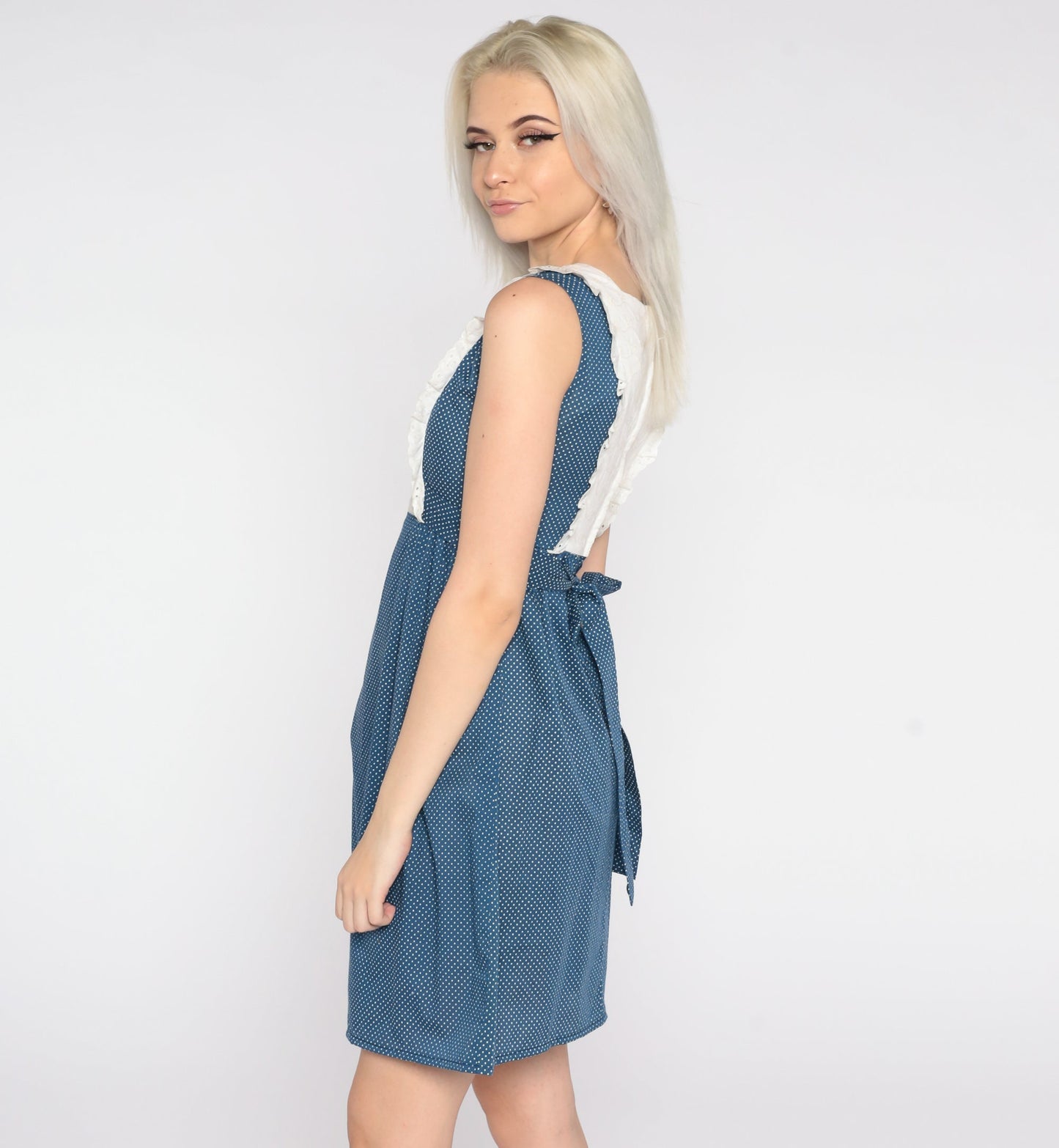 70s Blue Polka Dot Mini Dress Eyelet Lace Bib Empire Waist Extra Small