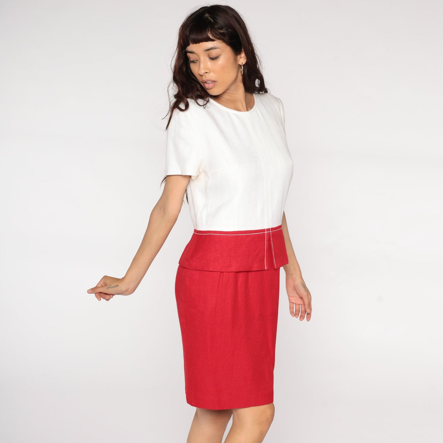 80s Red White Colour Block Pencil Dress High Waist Mini Short Sleeve Medium