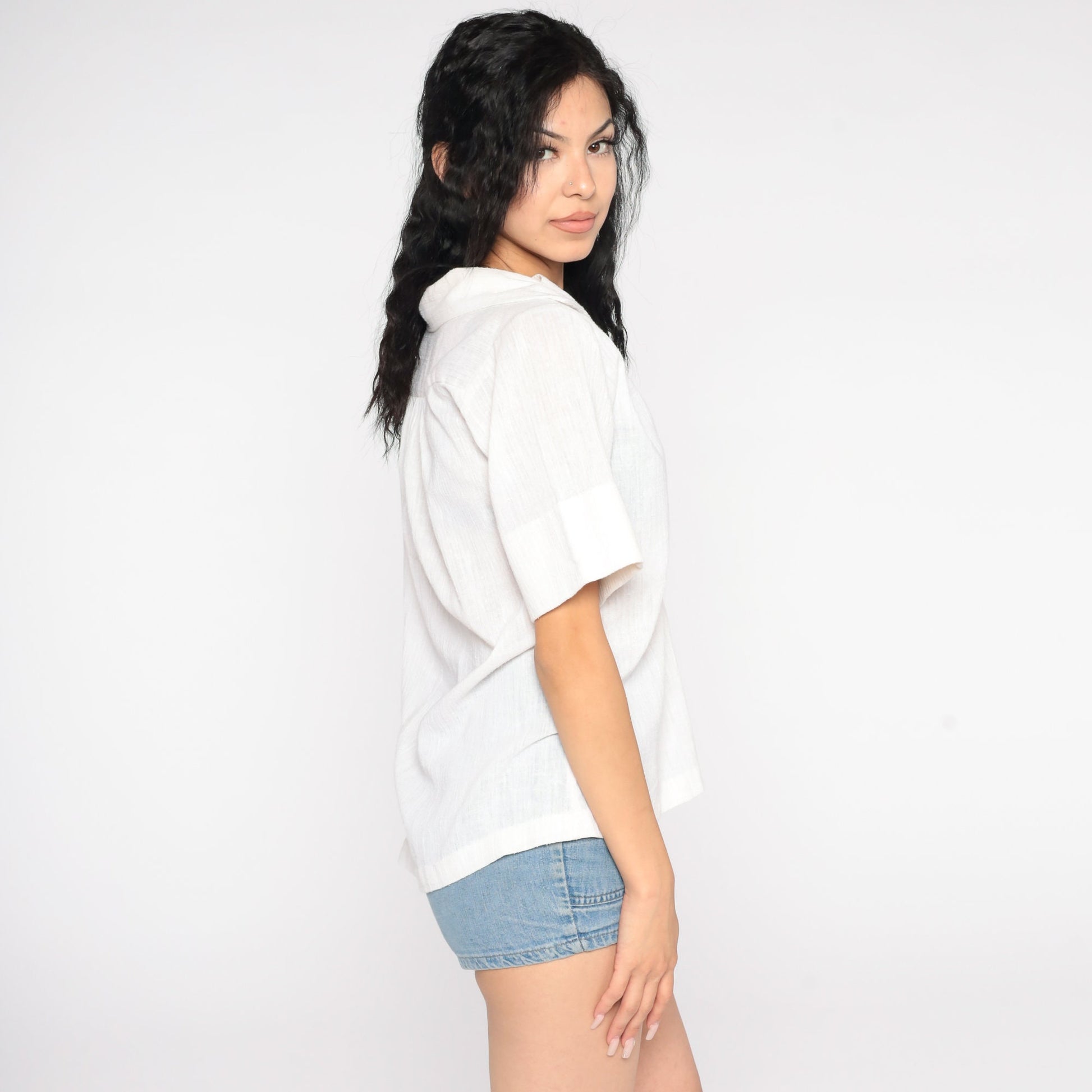 70s Teddi of California White Gauze Tunic Top Short Sleeve V Neck Large