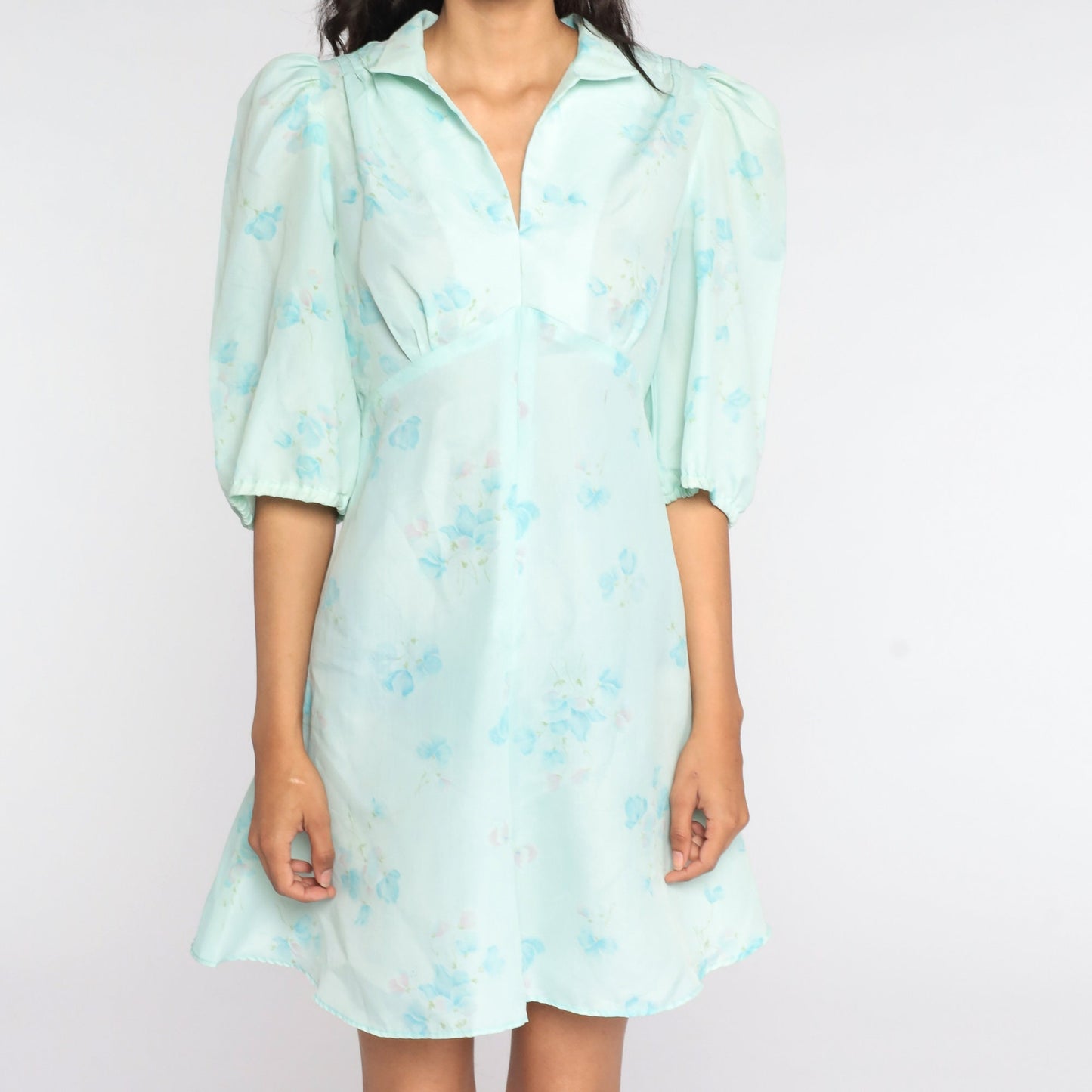 70s Floral Babydoll Dress Puff Sleeve Empire Waist Mini Blue Small