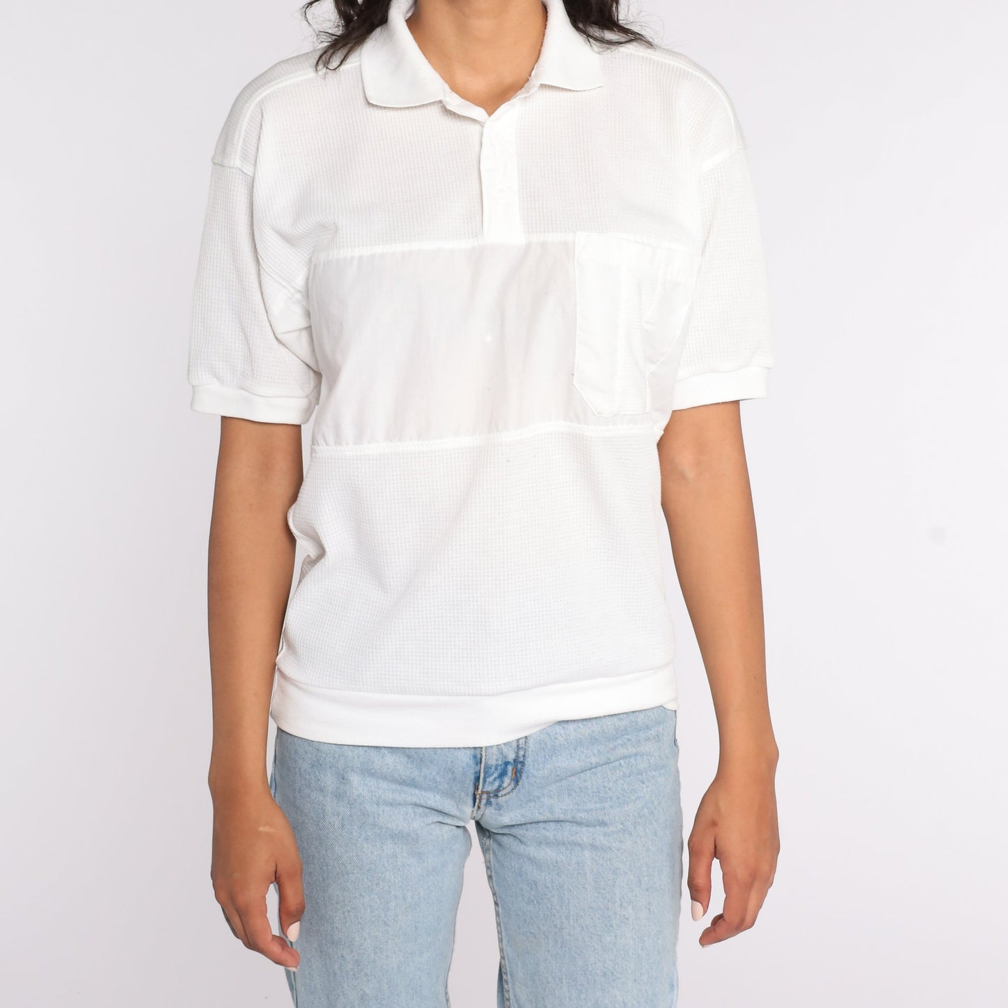 80s White Button Neck Short Sleeve Shirt Cotton Blend Small S