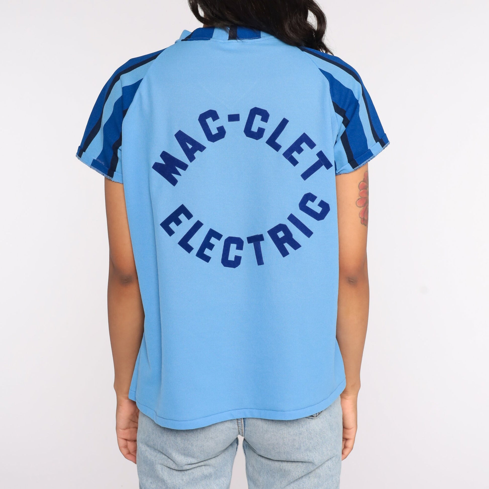 70s Mac-Let Electric Uniform Ringer T-Shirt Baby Blue Raglan Medium Large