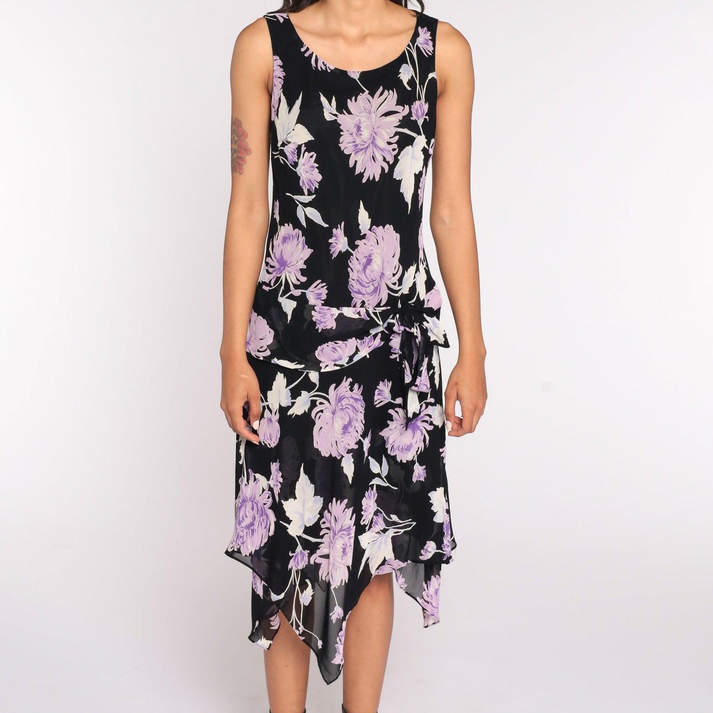 90s Evan Picone Floral High-Low Dress Black Purple Midi Medium