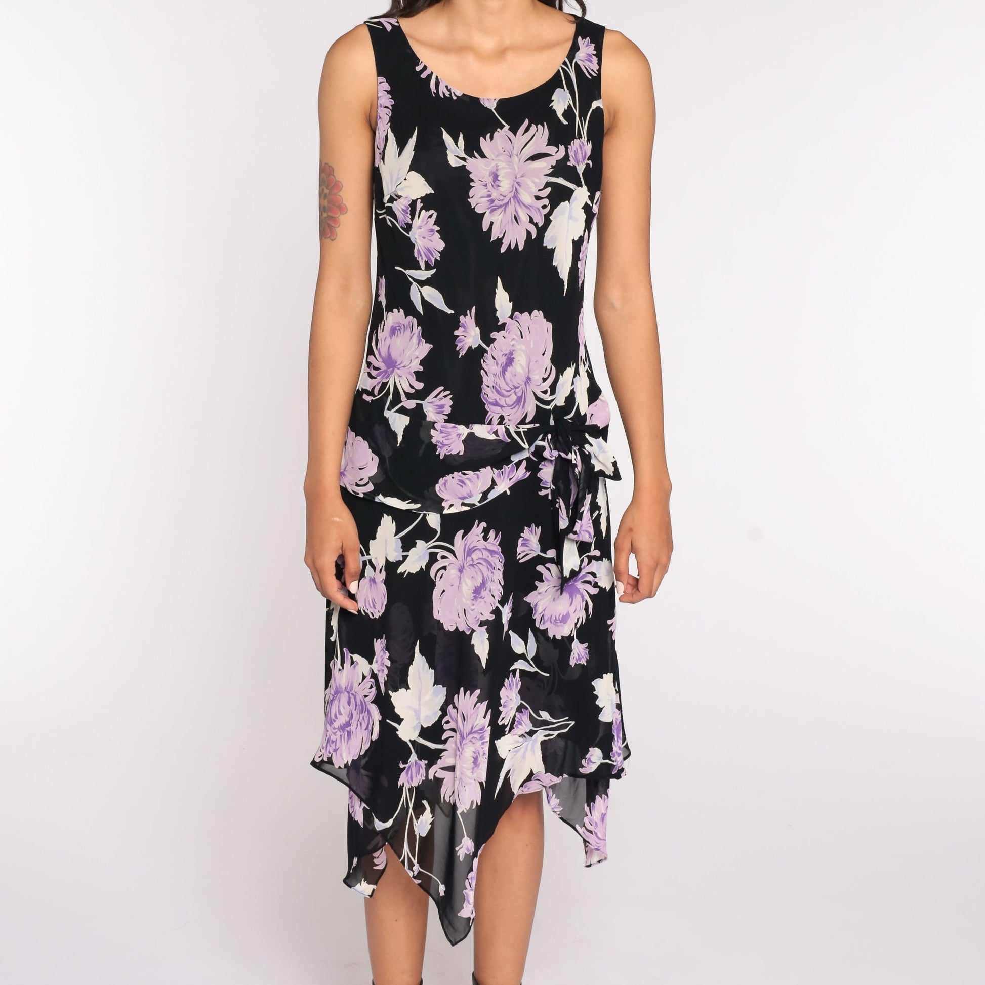 90s Evan Picone Floral High-Low Dress Black Purple Midi Medium