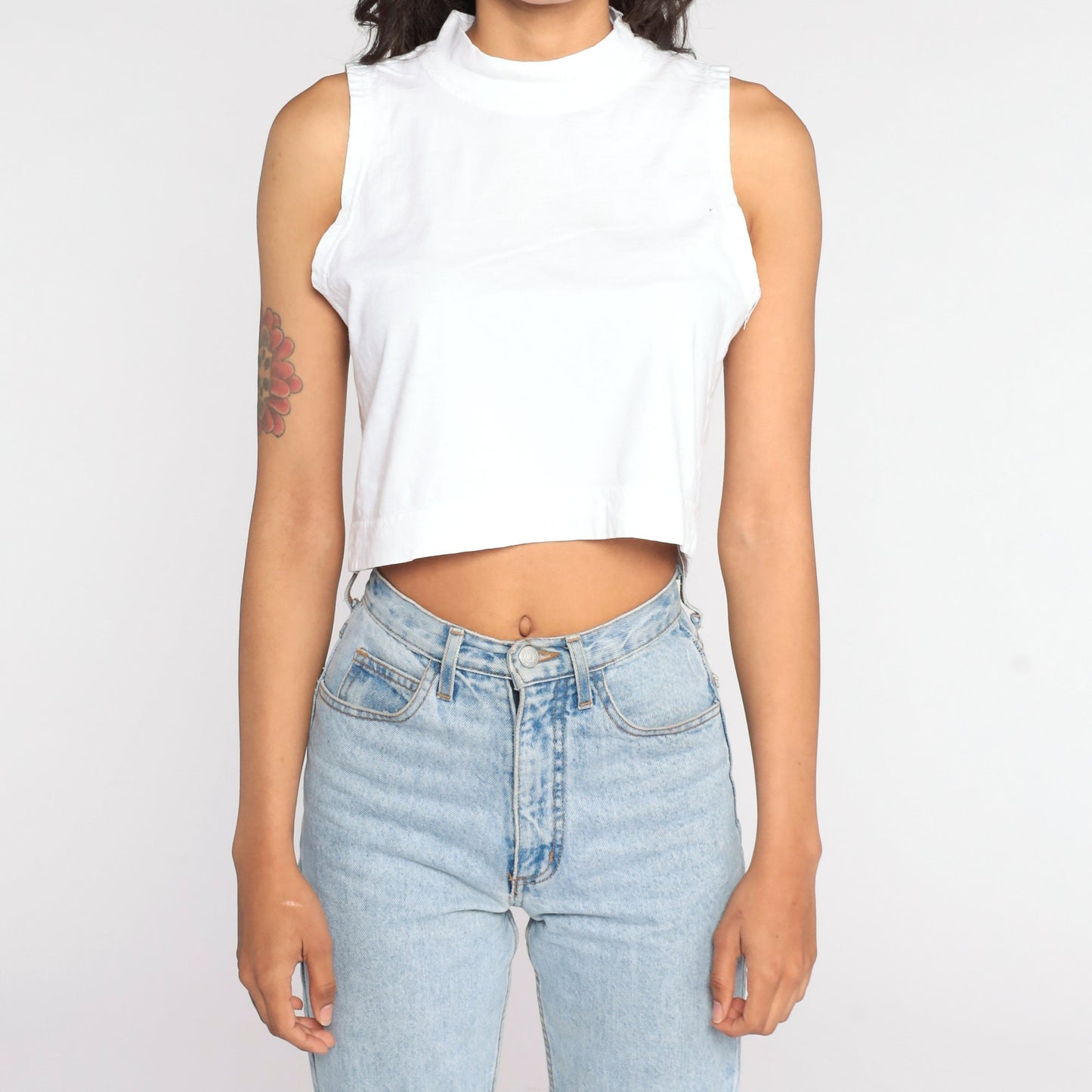 80s White Mock Neck Crop Tank Top Sleeveless Shirt Small
