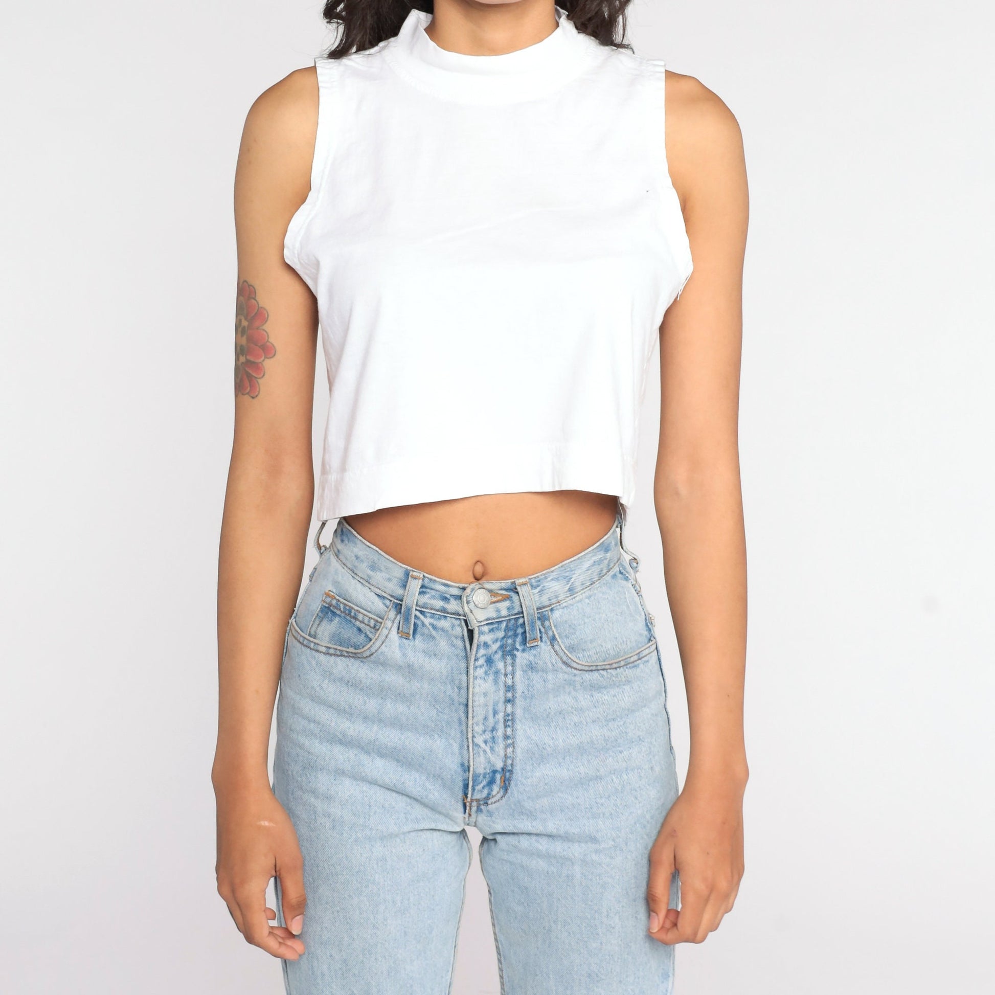 80s White Mock Neck Crop Tank Top Sleeveless Shirt Small