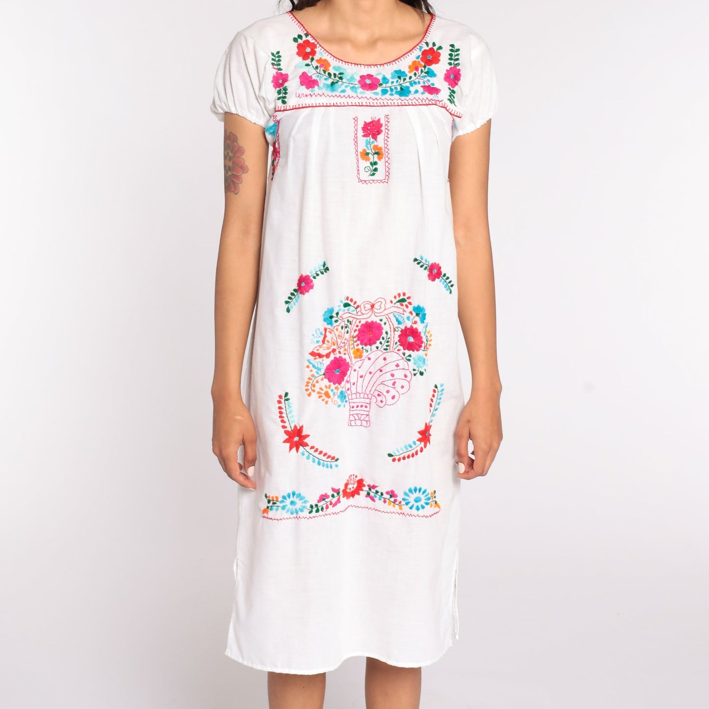 80s Mexican White Cotton Midi Dress Embroidered Puff Sleeve Tunic Small