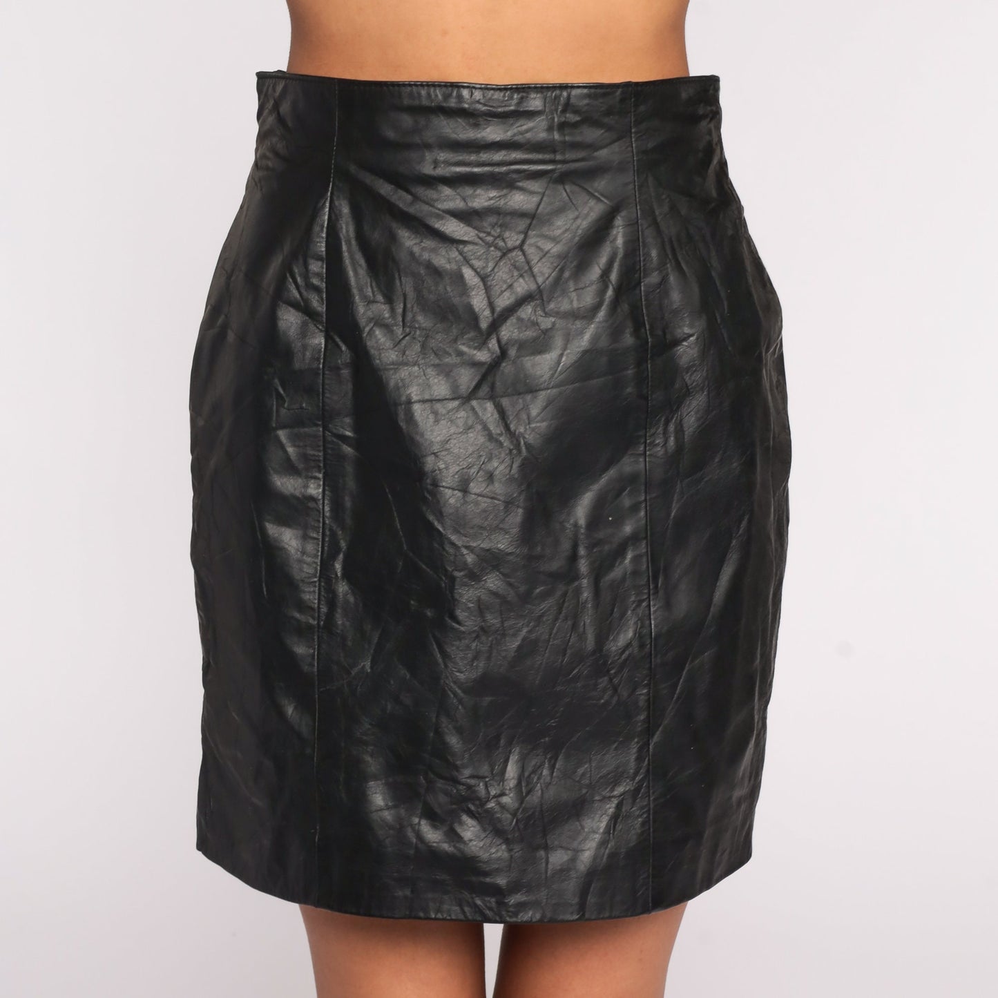 90s Black Leather Mini Skirt High Waist Pencil Wiggle Small S