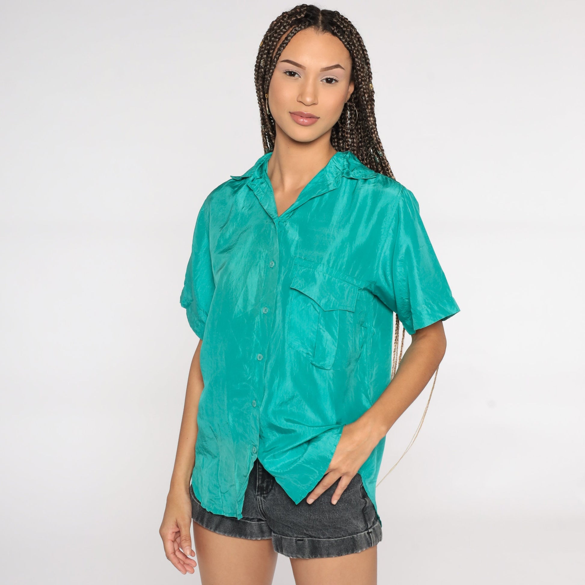 90s Turquoise Silk Button-Up Blouse Short Sleeve Medium