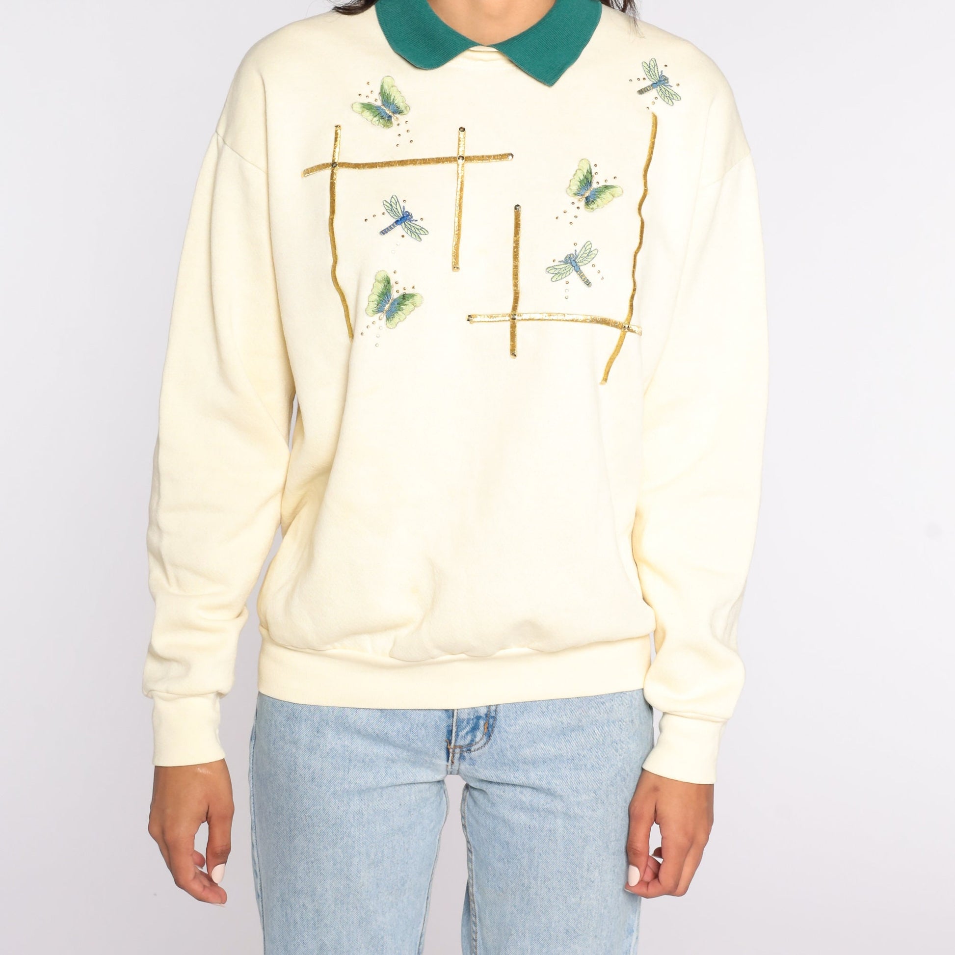 90s Lee Collared Sweatshirt Cream Embroidered Butterfly Dragonfly Medium