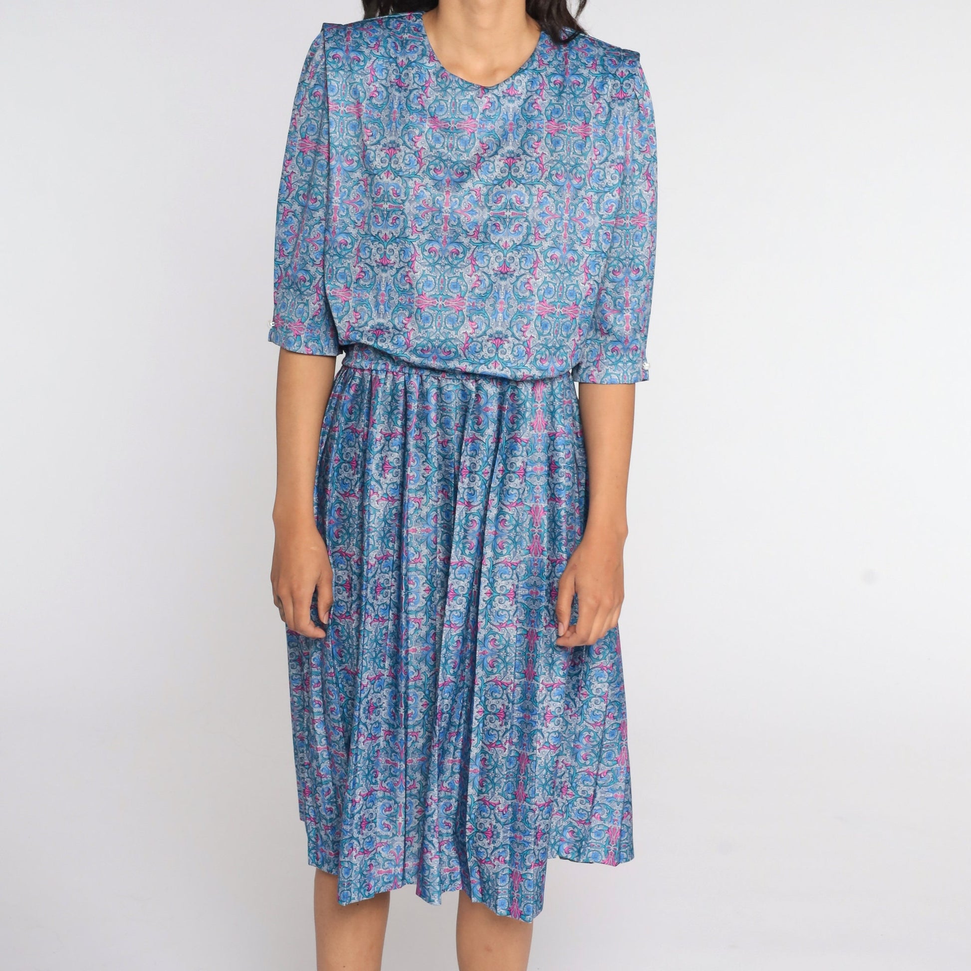 80s Blue Geometric Pleated Secretary Dress High Waist Midi 3/4 Sleeve Extra Large