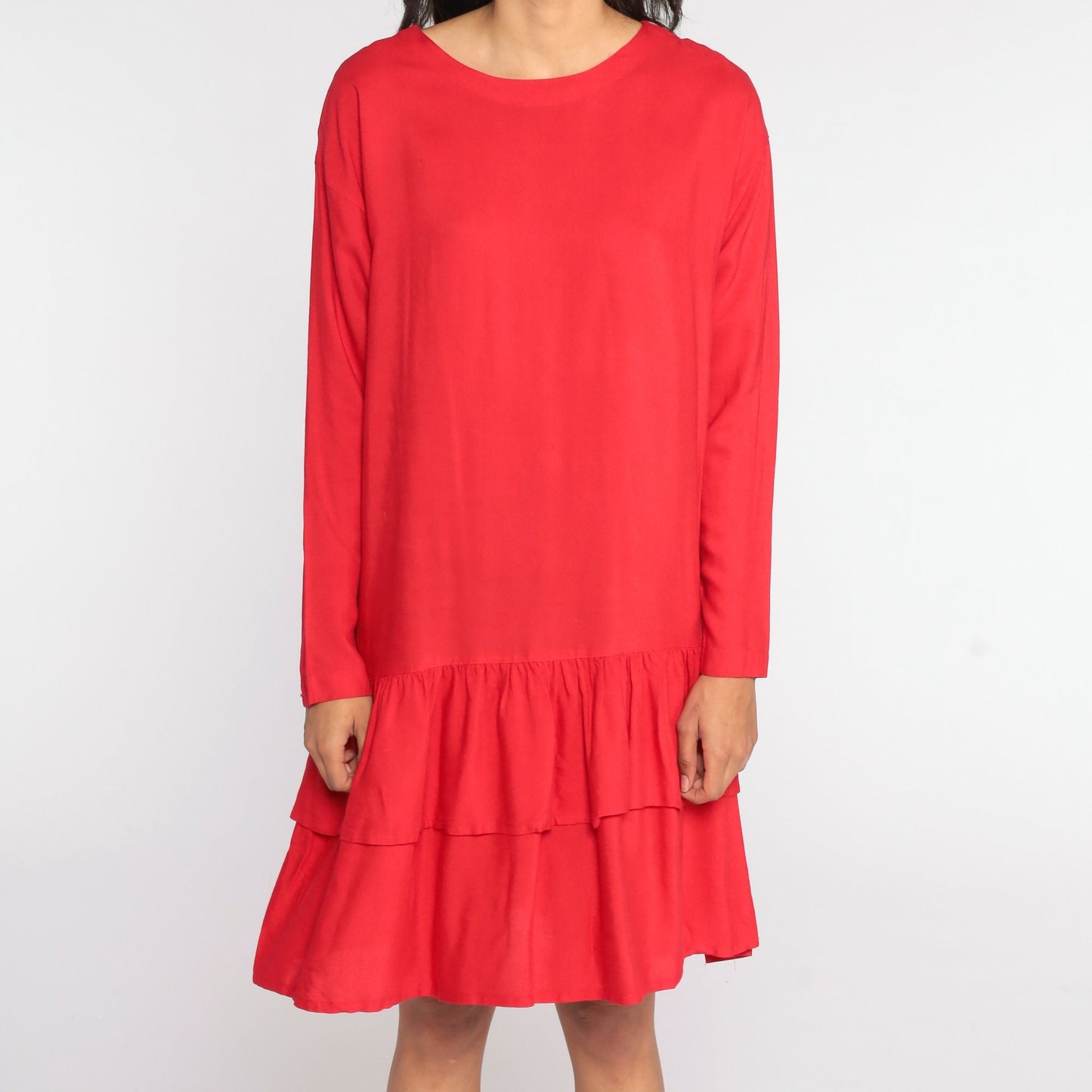 80s Red Tiered Midi Dress Drop Waist Shift Flounce Long Sleeve Medium