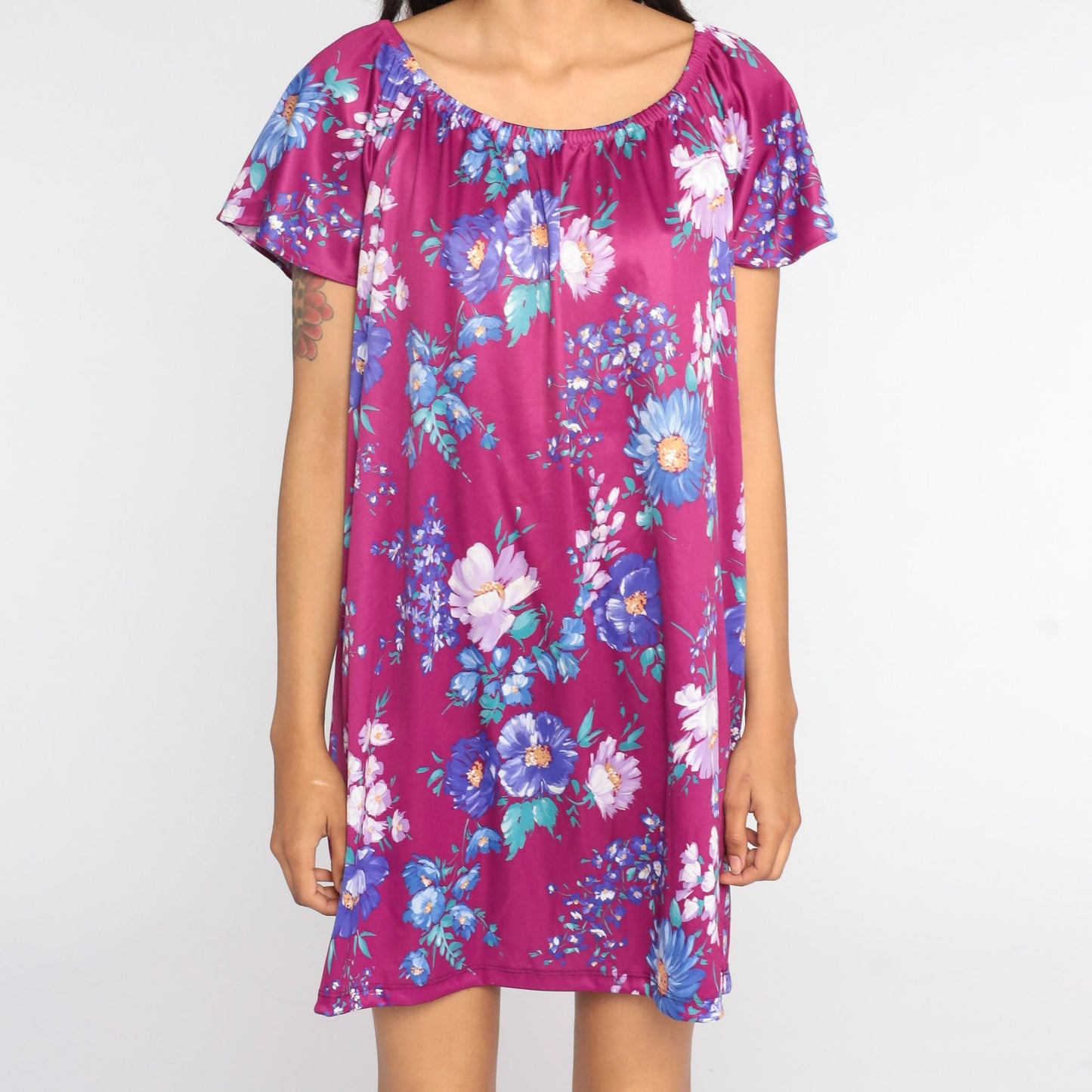 70s Purple Floral Mini Dress Tent Cut Short Sleeve Large