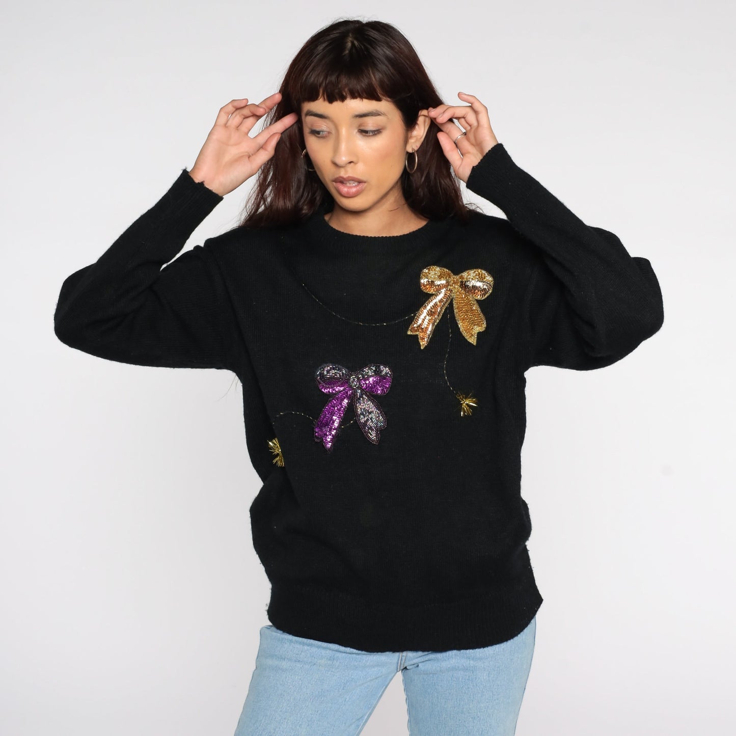 80s Beaded Bow Pullover Sweater Black Knit Large L