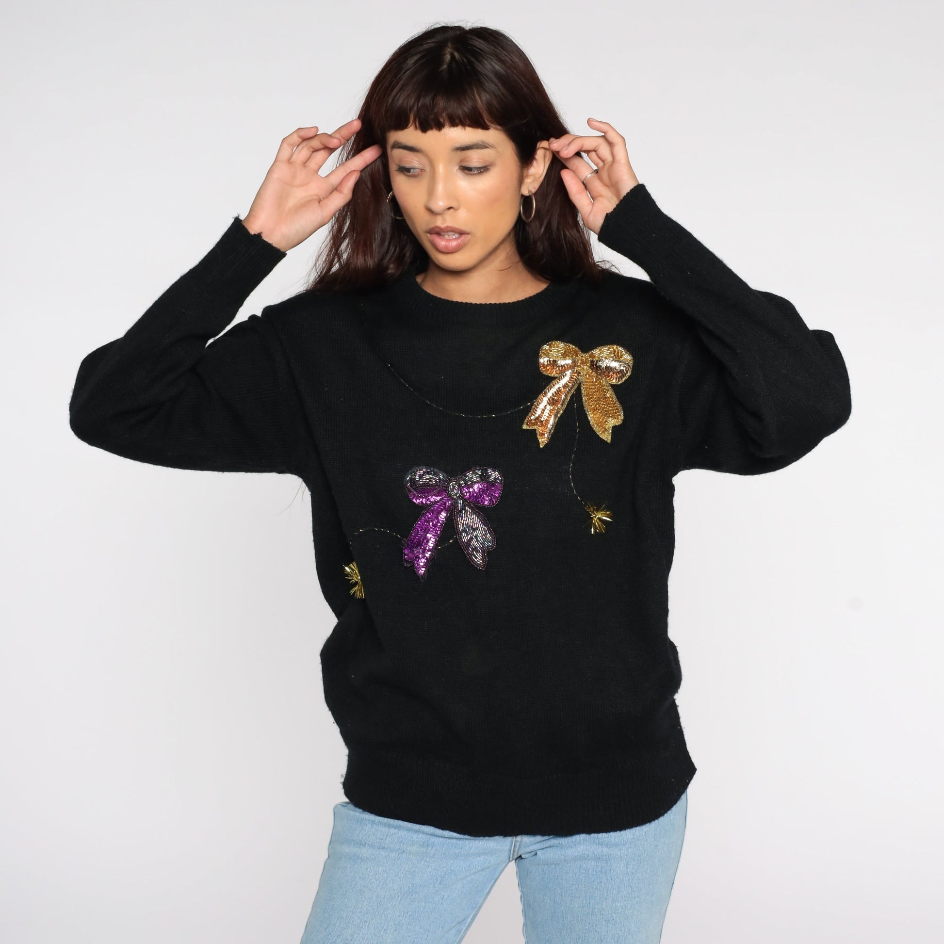 80s Beaded Bow Pullover Sweater Black Knit Large L