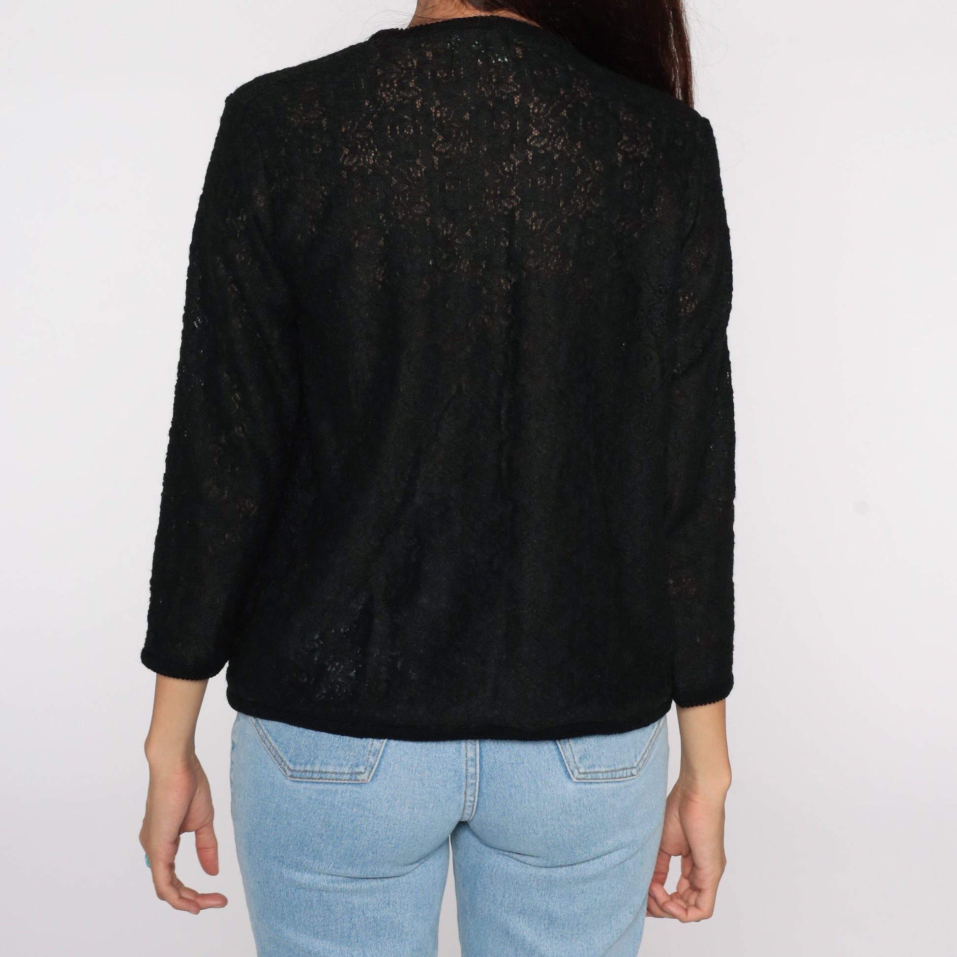 70s Black Lace Sheer Jacket Open Front Cardigan Small