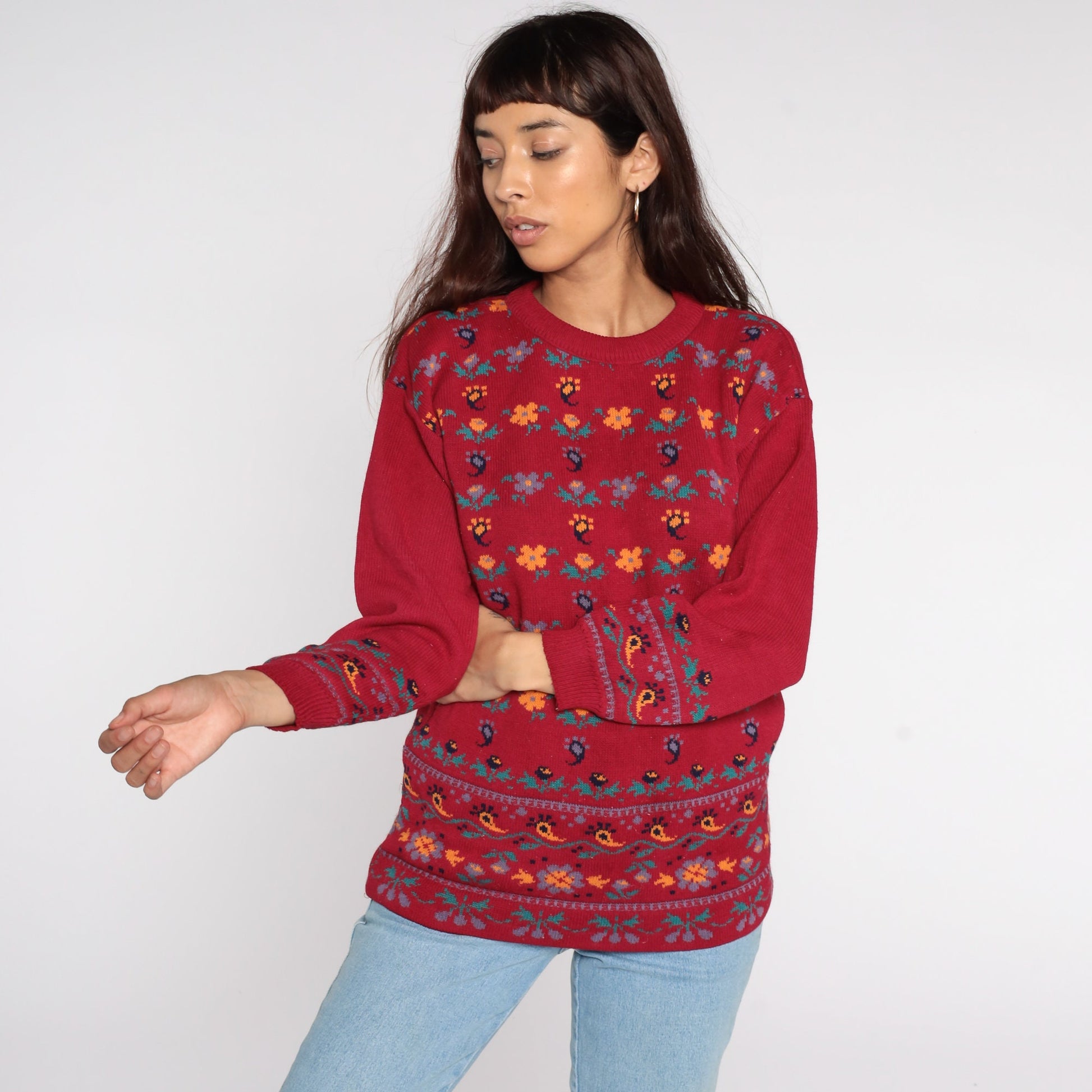 80s Paisley Floral Red Knit Sweater Pullover Small