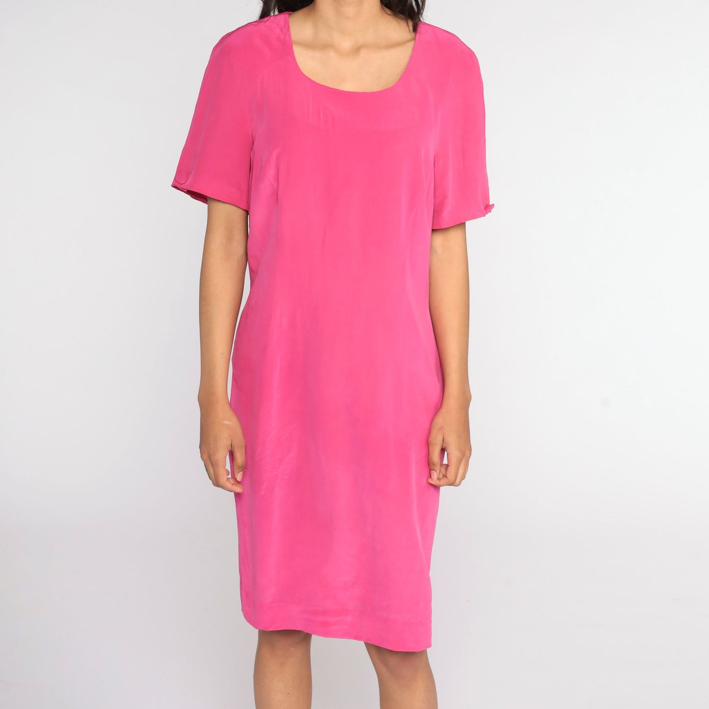 80s Pink Silk Sheath Dress Short Sleeve Mini Large