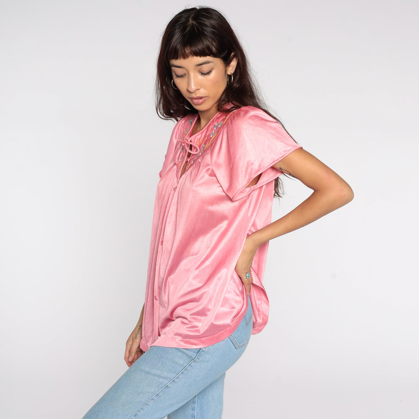 80s Vanity Fair Pink Nylon Pajama Shirt Puff Sleeve Button-Up Medium