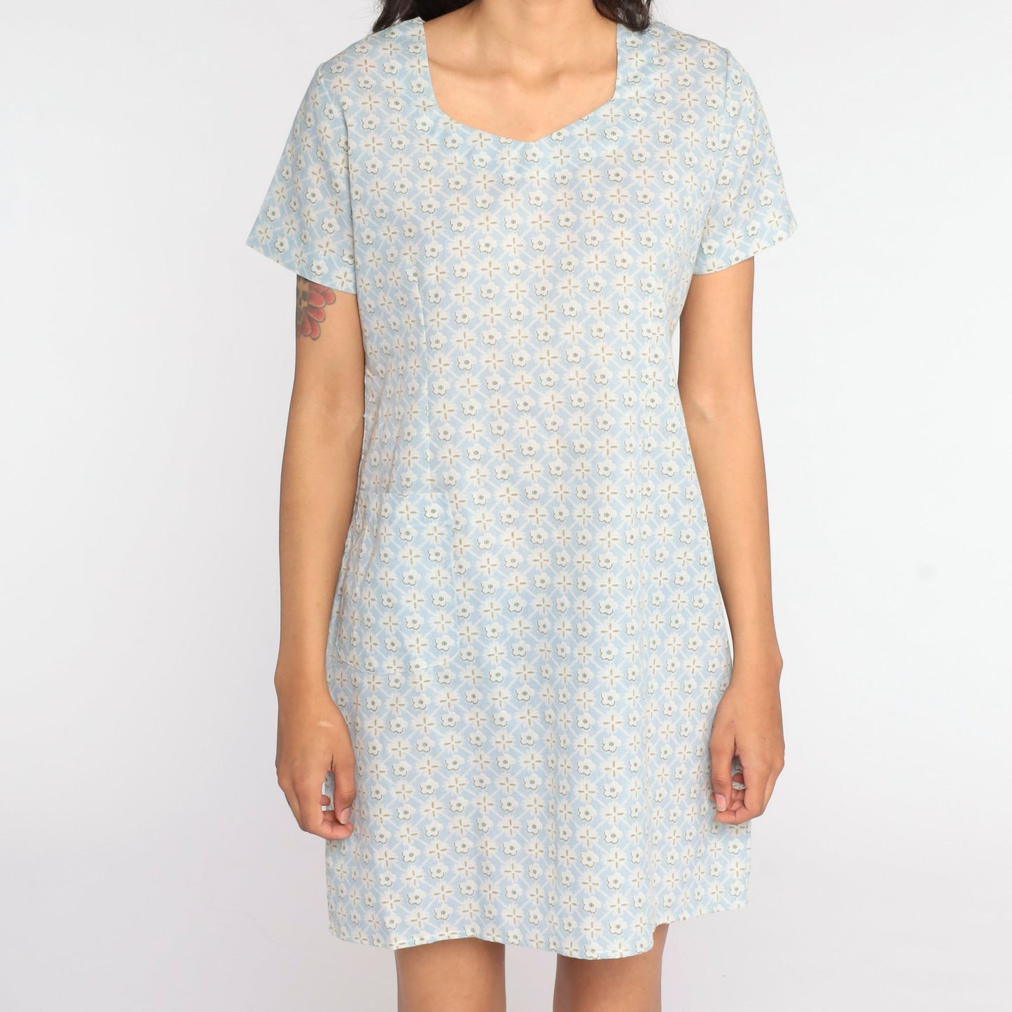 90s Baby Blue Floral Mini Dress Shift Short Sleeve Medium