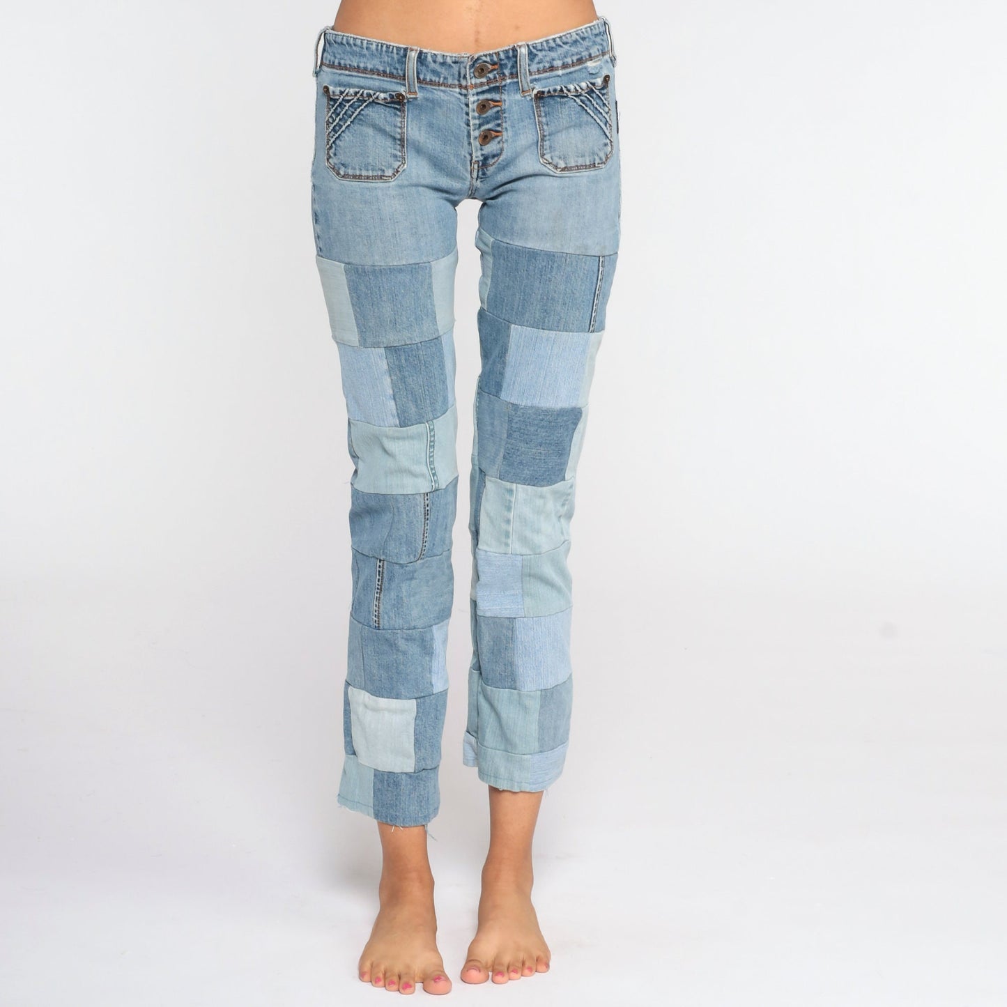 Y2K Silver Jeans Patchwork Denim Low Rise Straight Leg Extra Small XS
