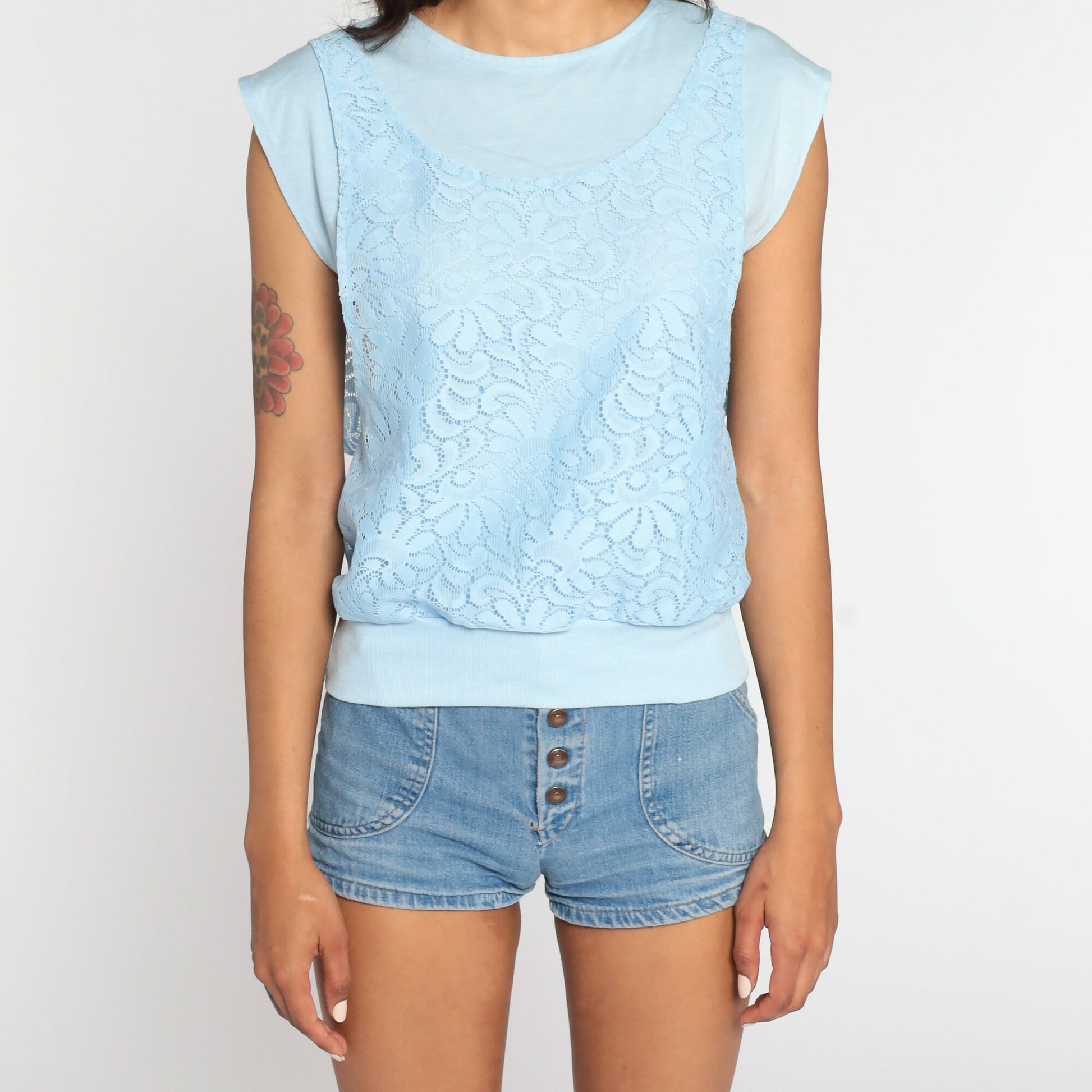 80s Baby Blue Lace Cap Sleeve Blouse with Attached Tank Small
