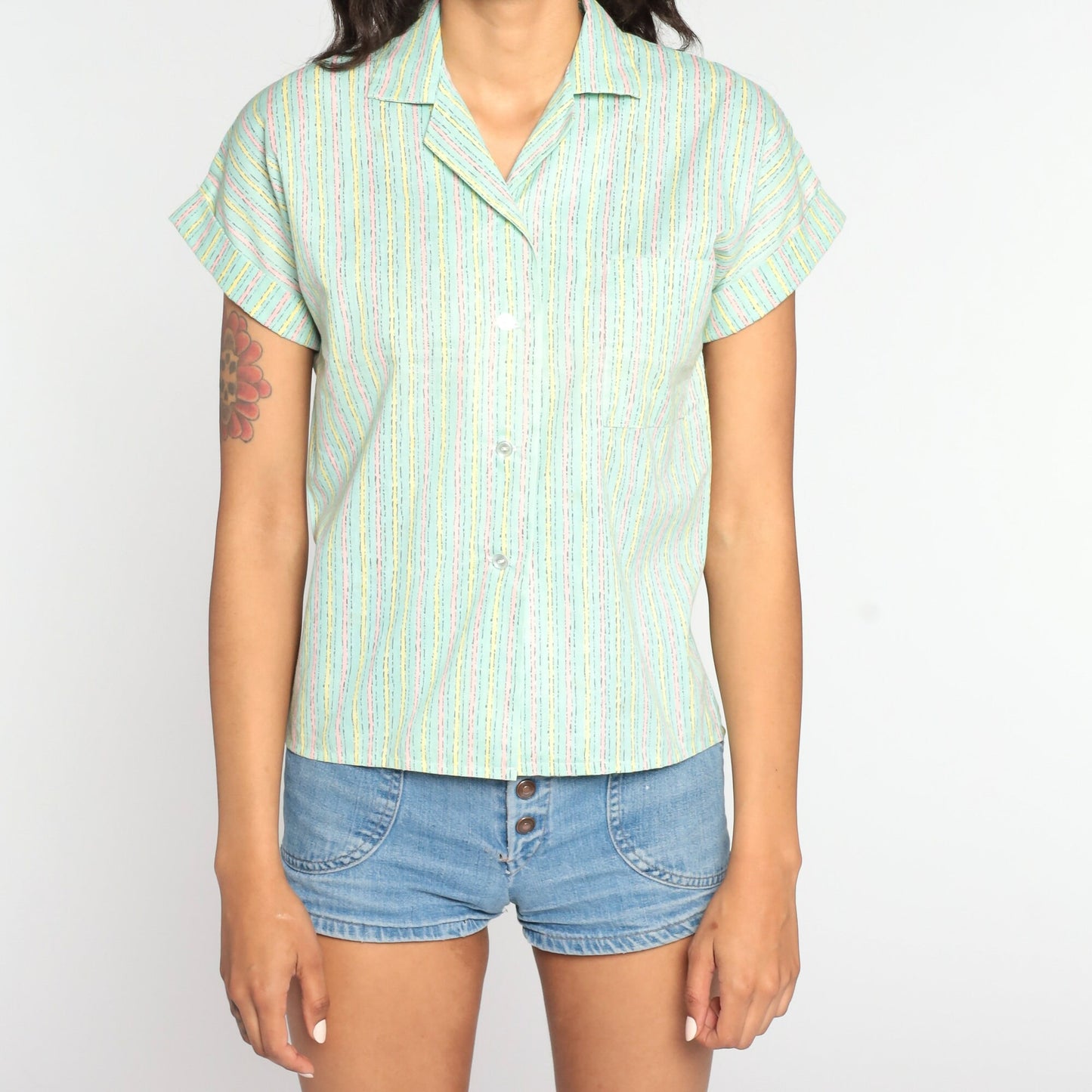 80s Green Striped Cotton Blend Button-Up Blouse Short Sleeve Small S