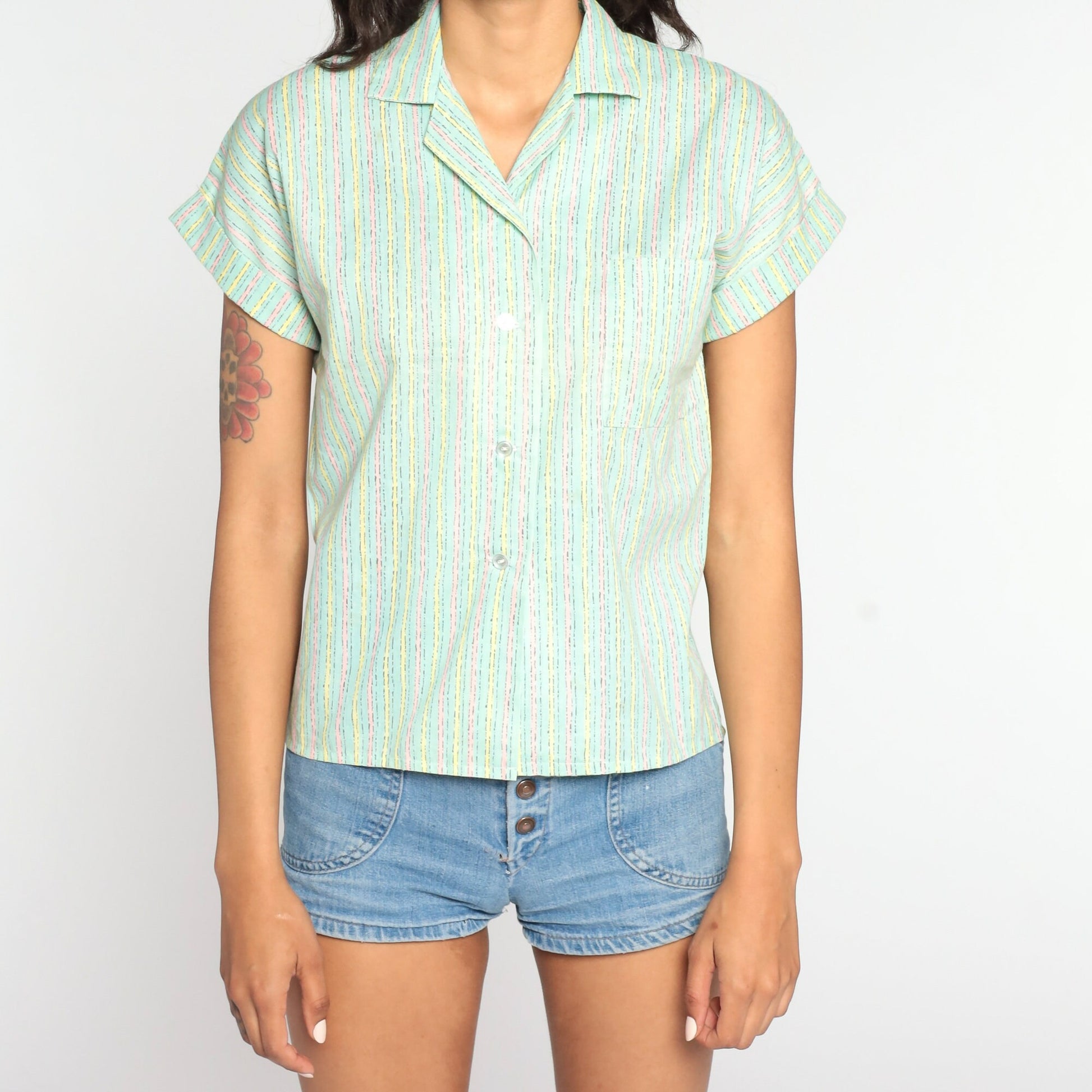 80s Green Striped Cotton Blend Button-Up Blouse Short Sleeve Small S
