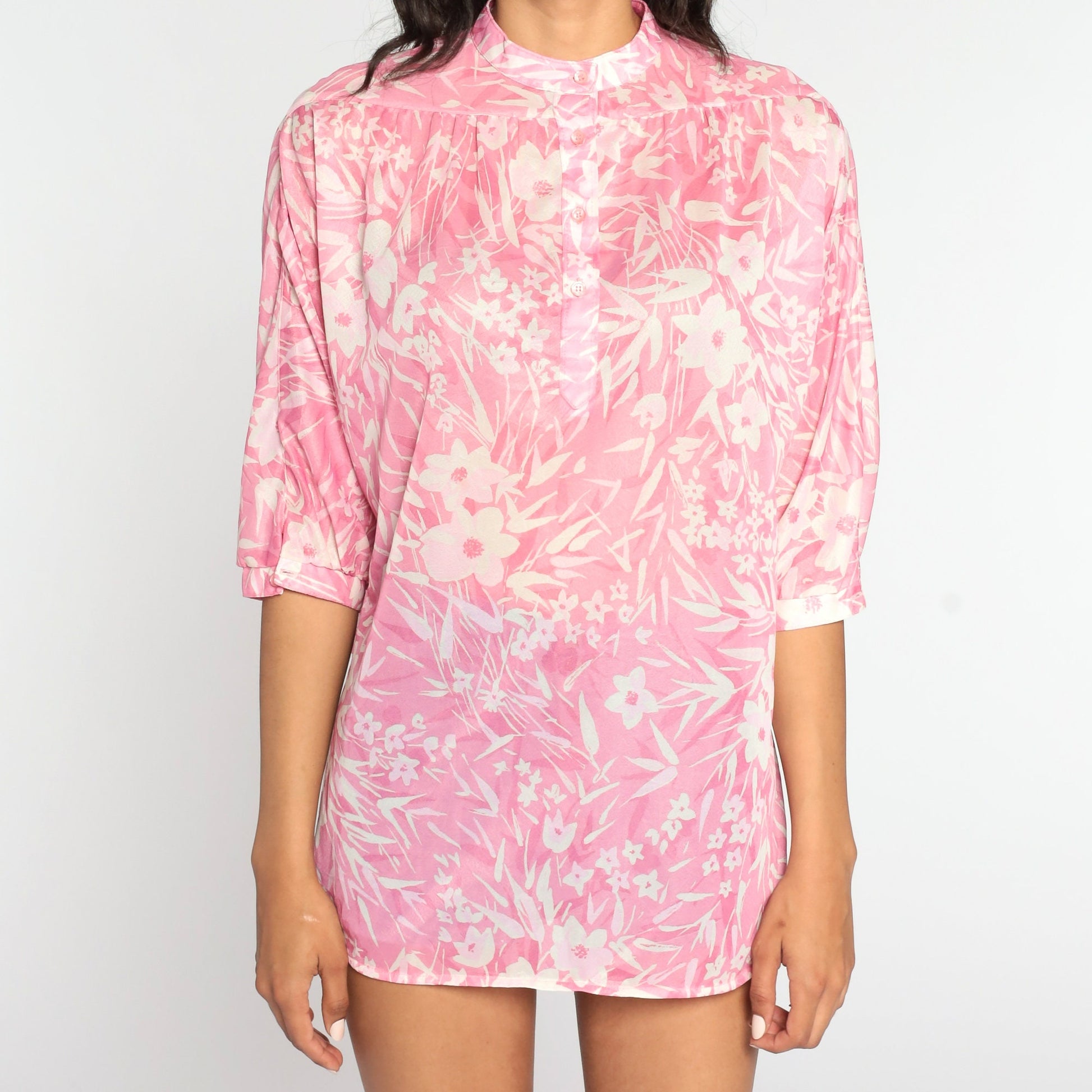 70s Sheer Floral Button-Up Blouse Pink White Three-Quarter Sleeve Medium Large