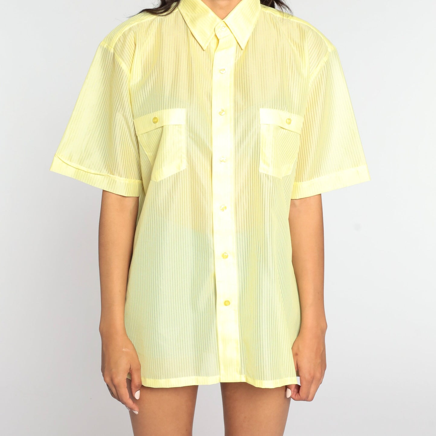 70s Idle Time Striped Button-Up Shirt Yellow Sheer Short Sleeve Large L