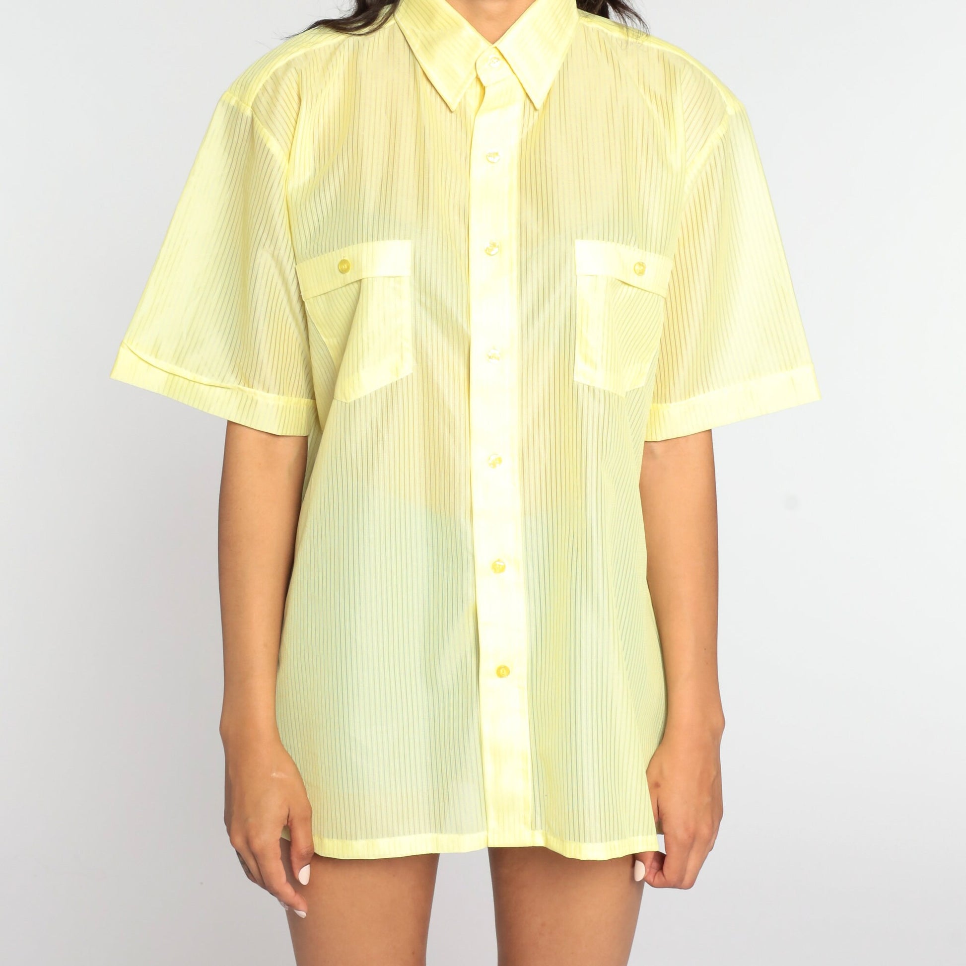 70s Idle Time Striped Button-Up Shirt Yellow Sheer Short Sleeve Large L