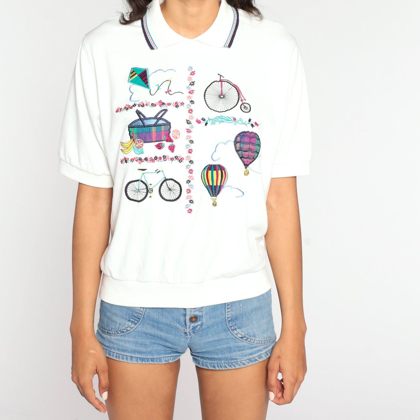 80s Alfred Dunner Picnic Blouse White Novelty Print Short Sleeve Large