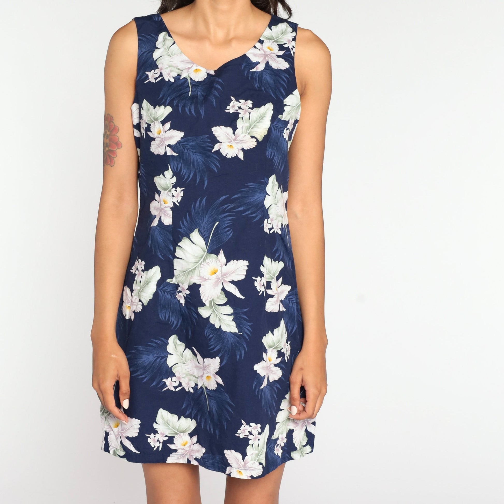 90s Blue Hawaiian Floral Mini Dress Cotton Sundress Small