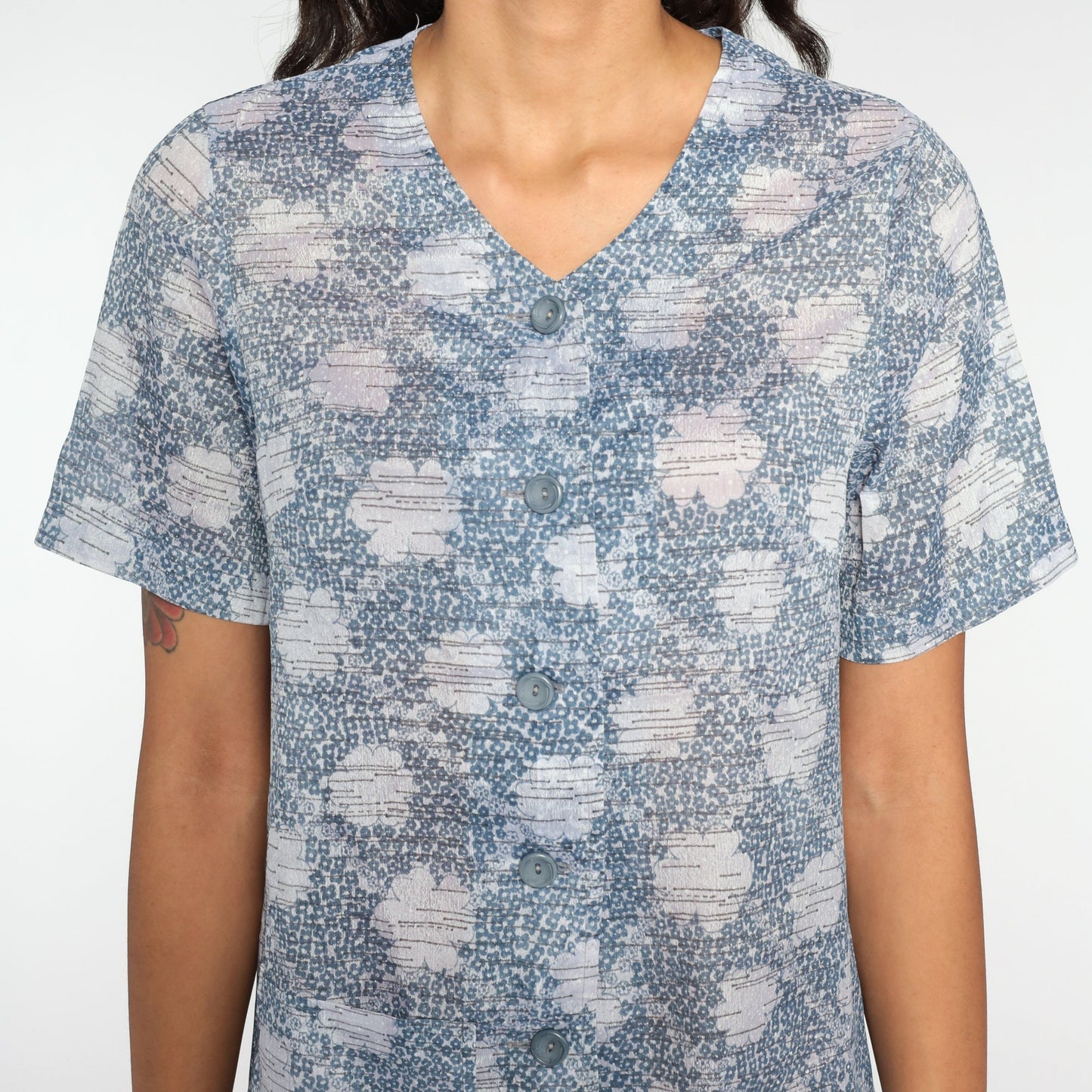 70s Mod Mini Shift Dress Cloud Print Button-Up Grey Medium