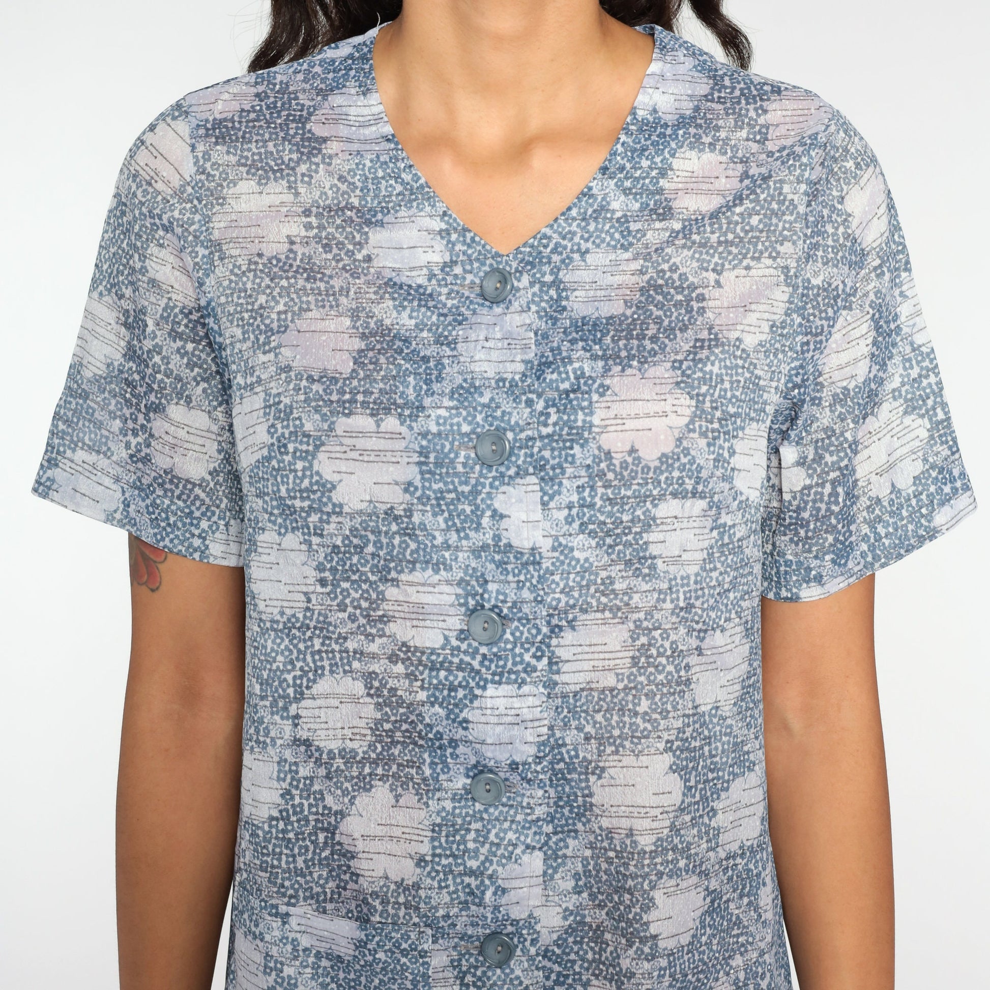 70s Mod Mini Shift Dress Cloud Print Button-Up Grey Medium