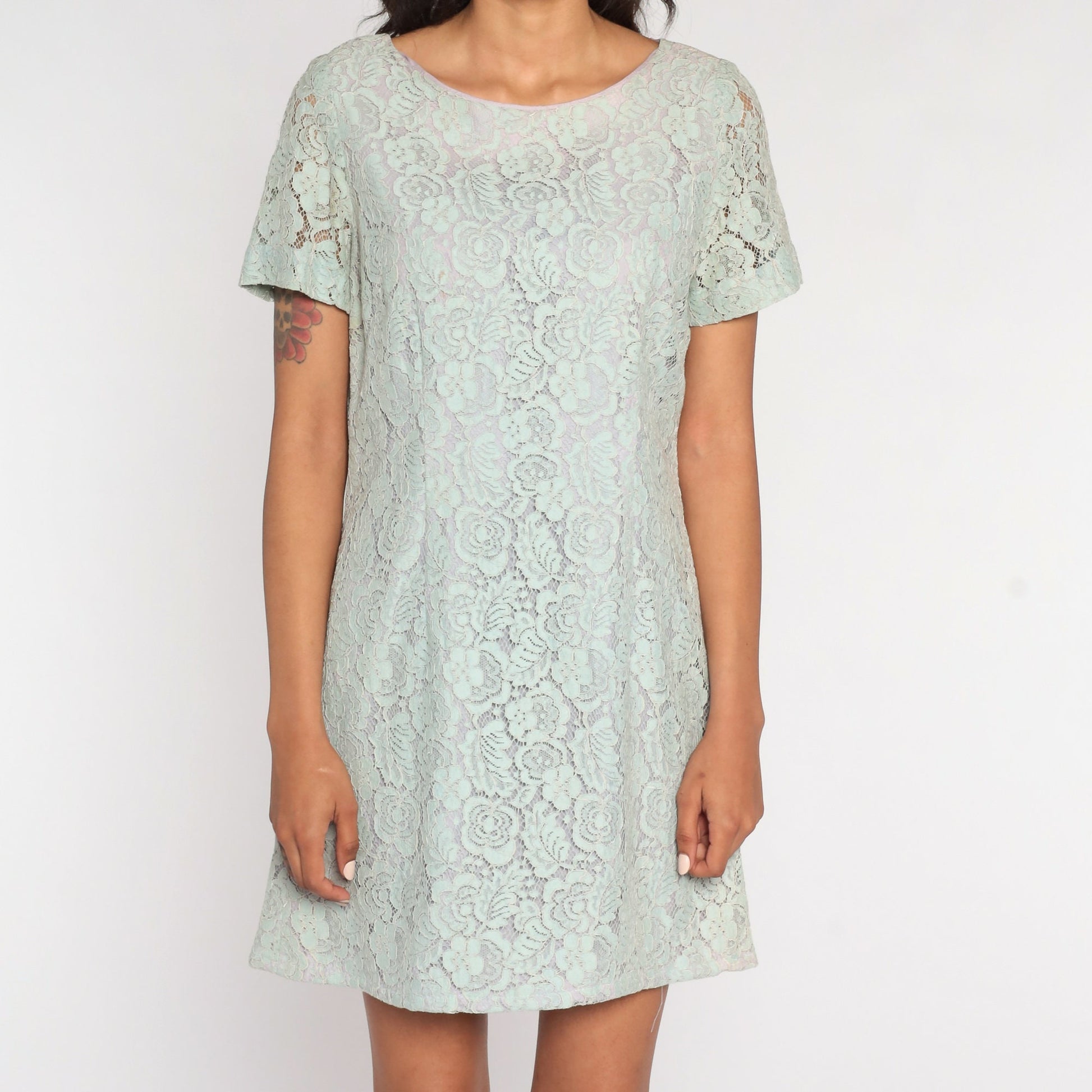 60s Baby Blue Lace Mini Dress Mod Shift Sheer Sleeve Medium