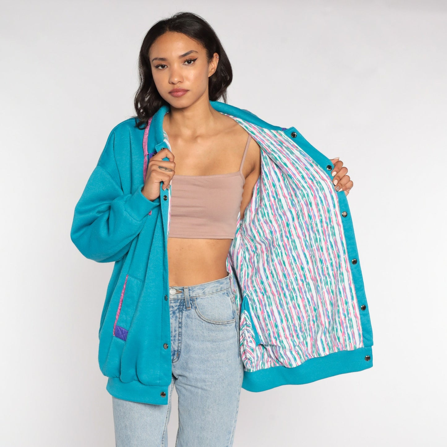 80s Turquoise Windbreaker Jacket Pink Purple Trim Snap Front Cotton Blend