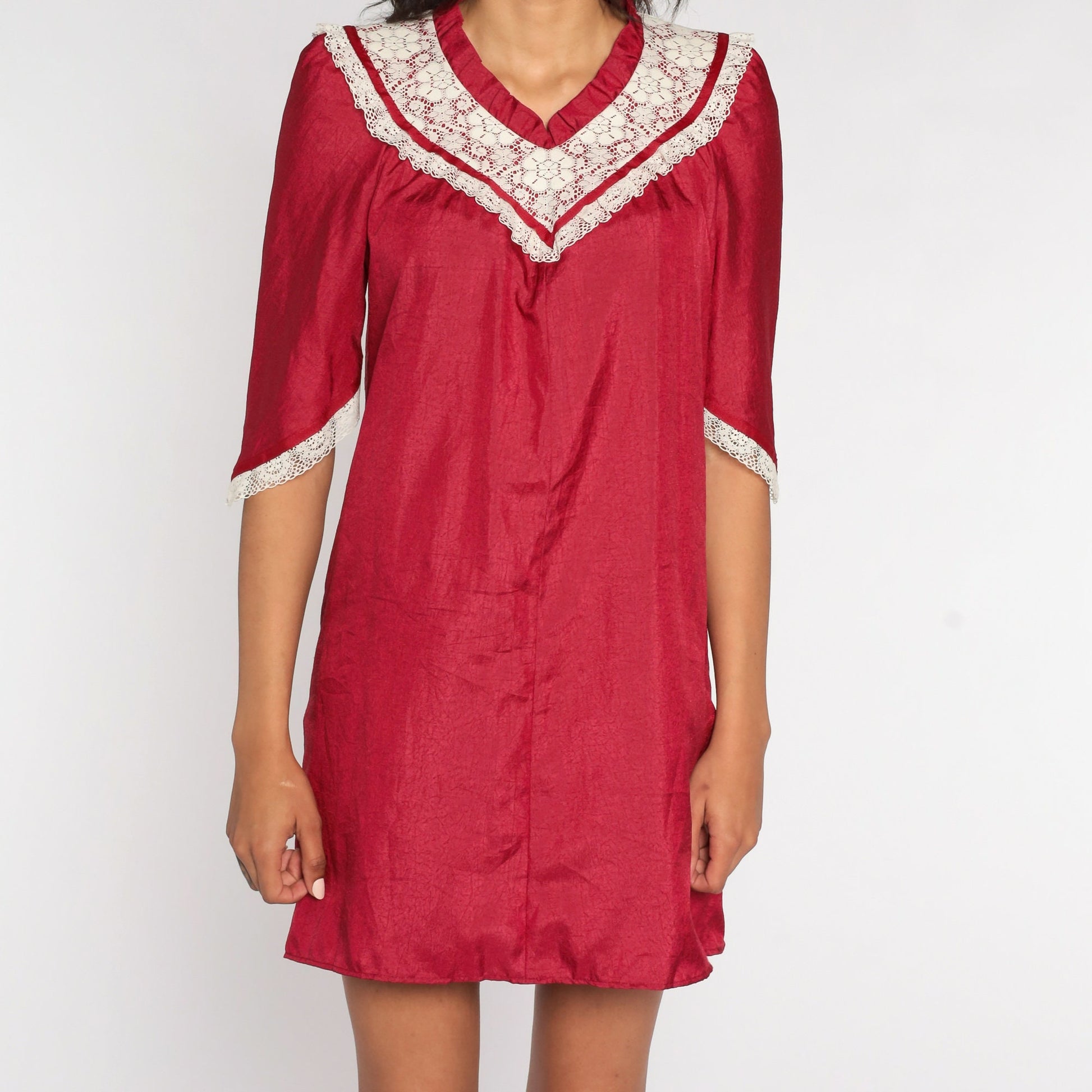 70s Burgundy Tent Dress White Lace Bib Puff Sleeve Mini Small
