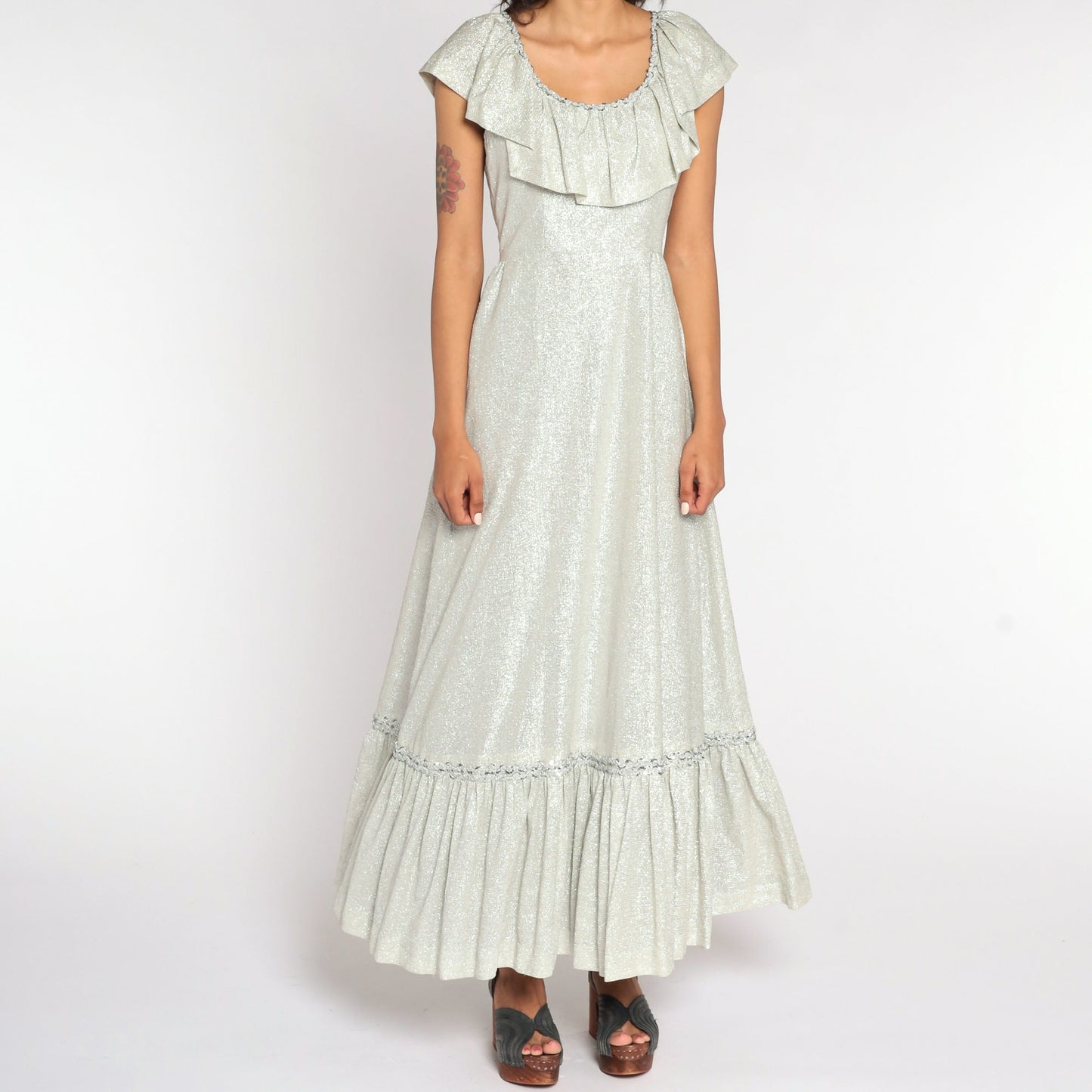 70s Silver Metallic Maxi Dress High Waist Flutter Sleeve Bertha Collar Small
