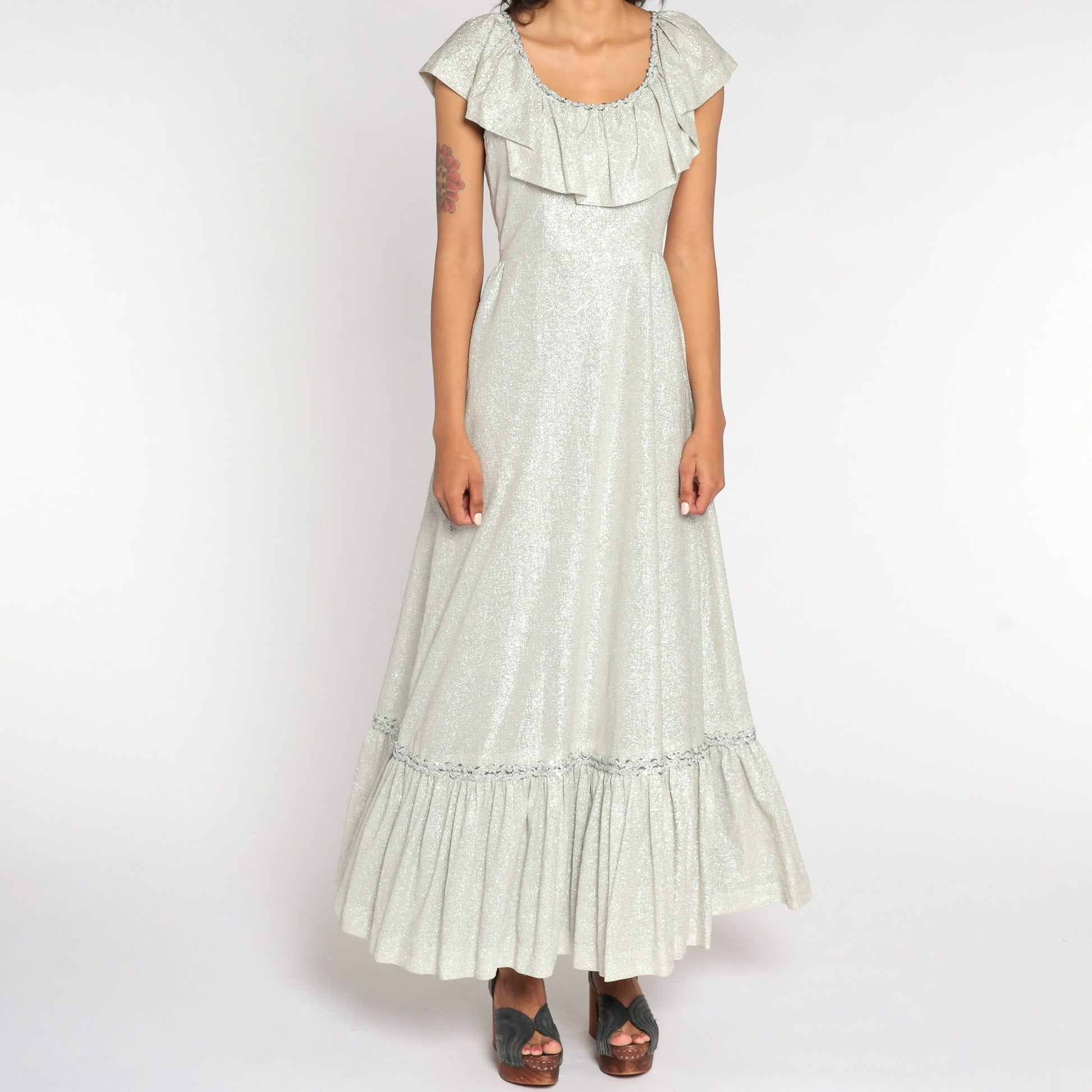 70s Silver Metallic Maxi Dress High Waist Flutter Sleeve Bertha Collar Small