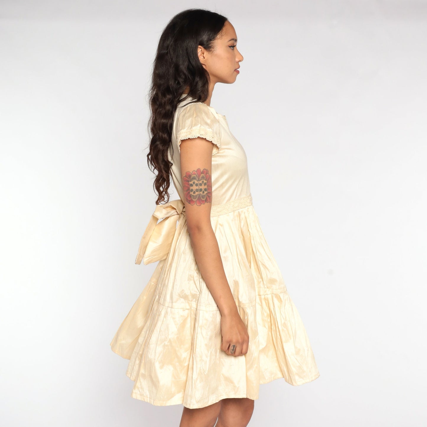 70s Cream Mini Dress Puff Sleeve High Waist Tiered Flounce Small