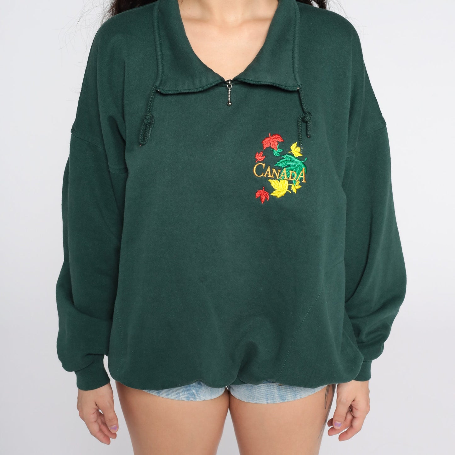 90s Canada Quarter Zip Sweatshirt Green Graphic Pullover Large L